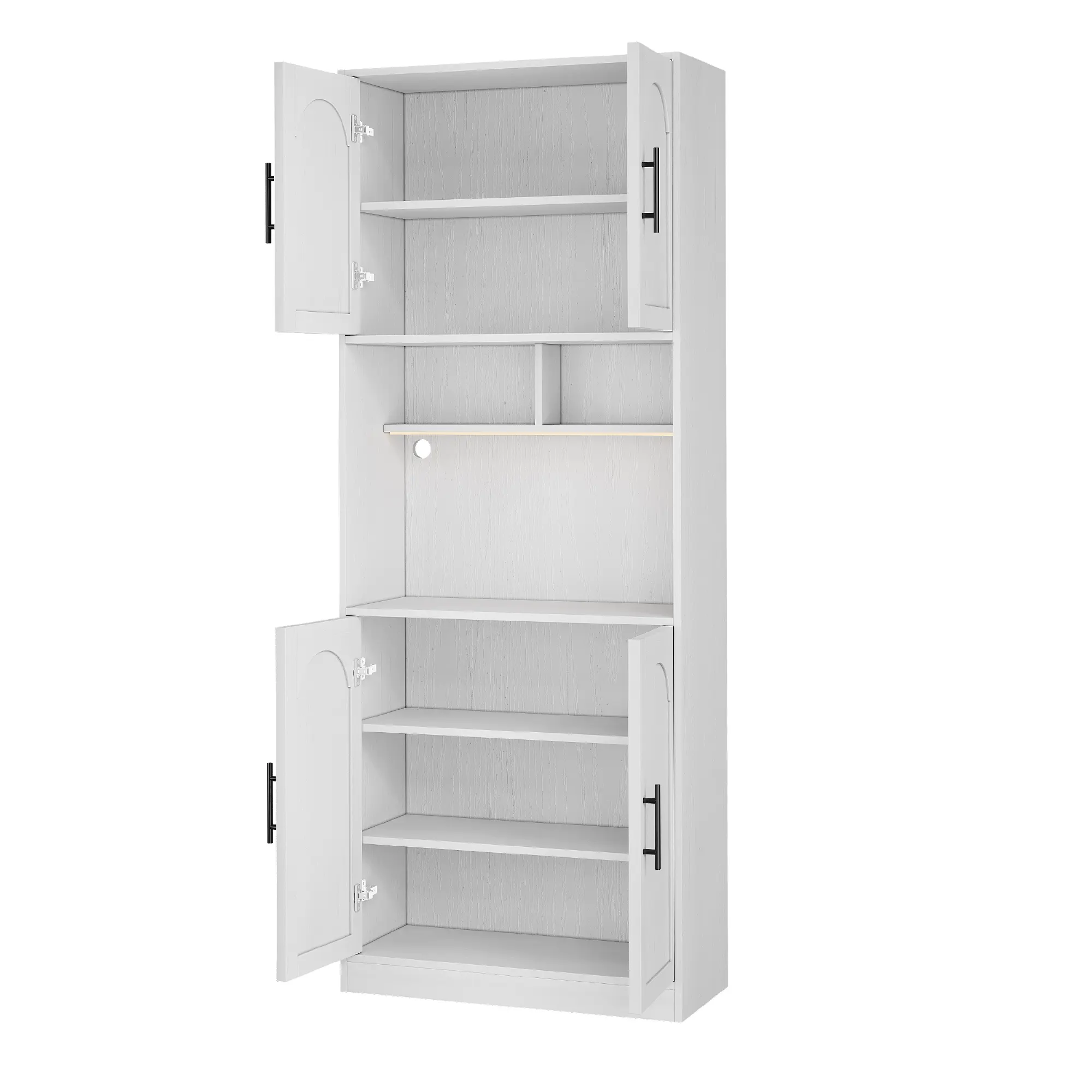 71-Inch Tall Freestanding Farmhouse Kitchen Pantry Hutch Cabinet, Modern Wood Finish with Built-In LED Lights, Microwave Countertop, Multi-Shelf Adjustable Storage Organizer for Kitchen, Dining Room, Easy Setup