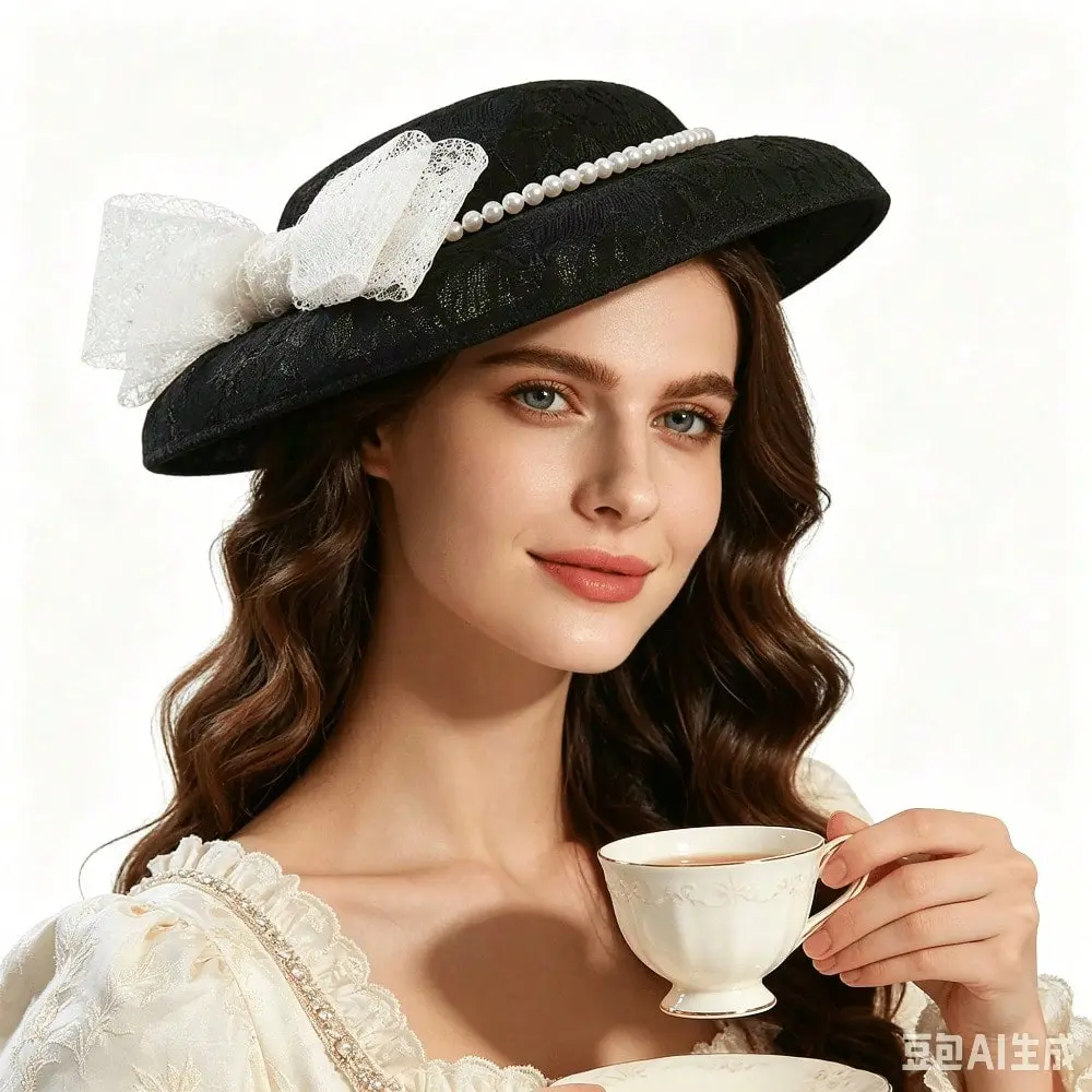 Women's Vintage Lace Formal Fascinator Hat with White Lace Bow and Pearl Band,Classic Black Dressy Headwear for Ladies Formal Dress Outfit Accessory