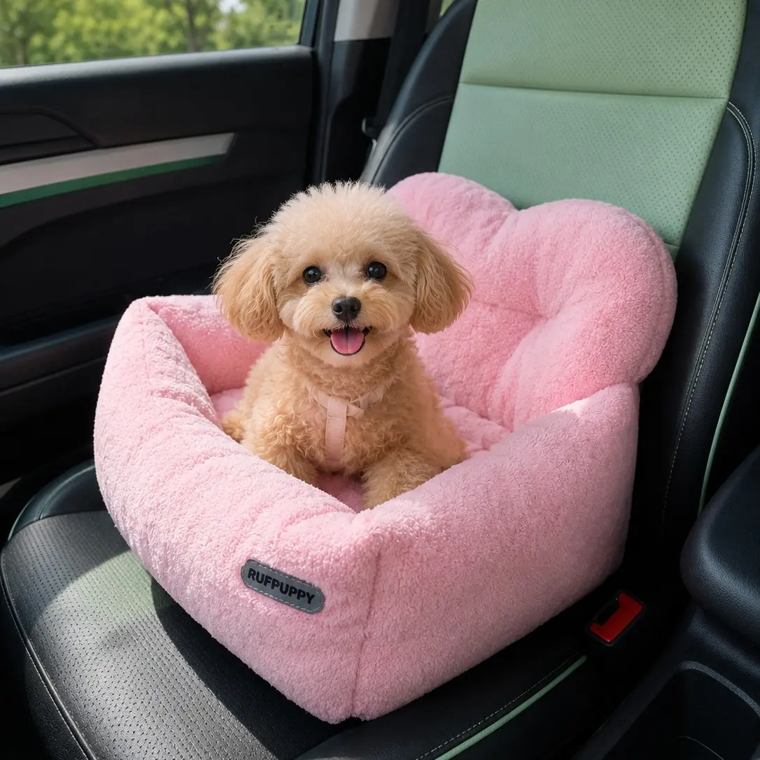 Soft Fluffy Plush Dog Car Seat, Washable Polyester Pet Travel Carrier Bed with Safety Belt, Portable Puppy Cat Booster Seat for Small Dogs Under 4kg