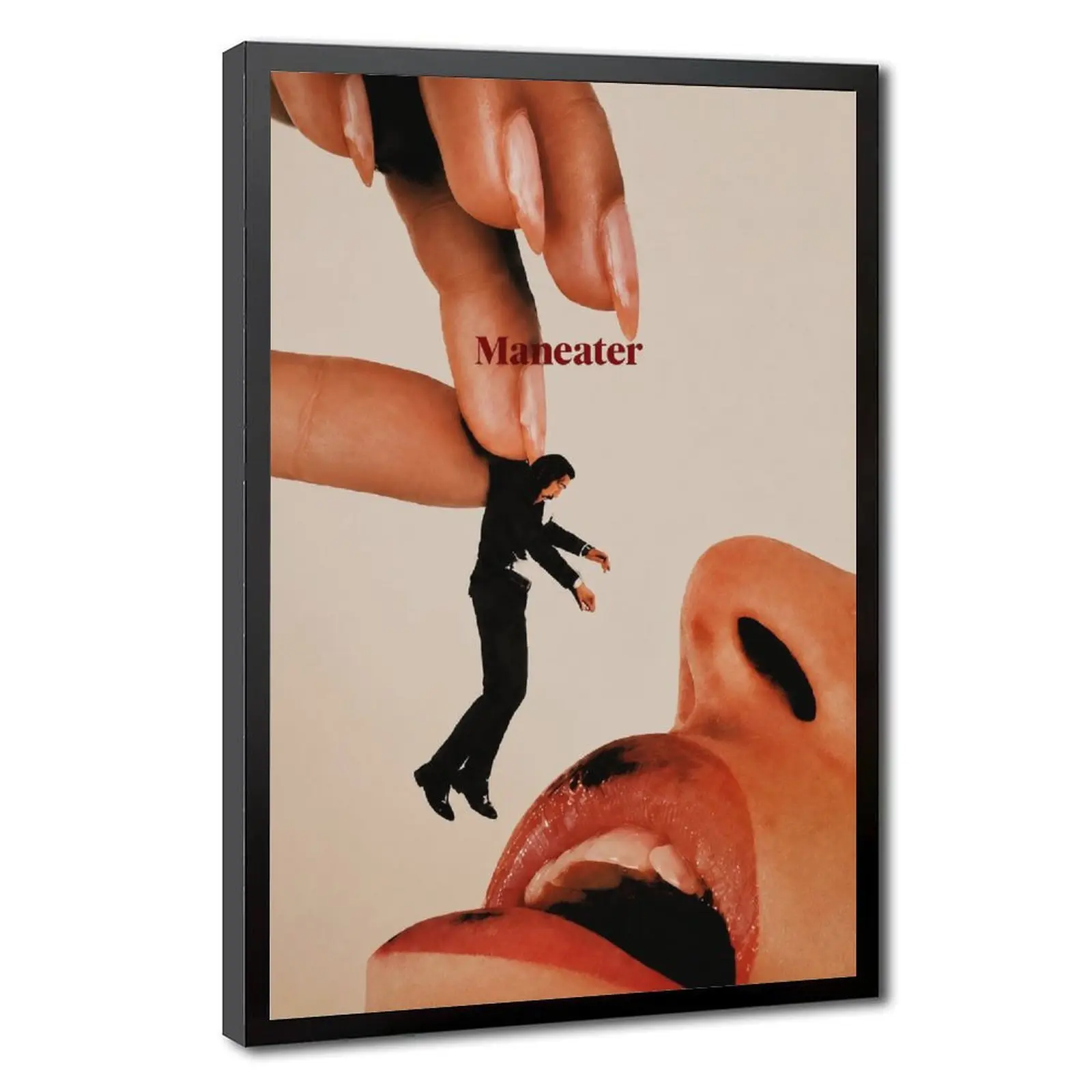 Maneater Vertical Surreal Framed Canvas Print, Minimalist Anime Theme Cartoon Pattern Artwork, Trendy Abstract Home Decor for Bedroom, Studio Wall Hanging