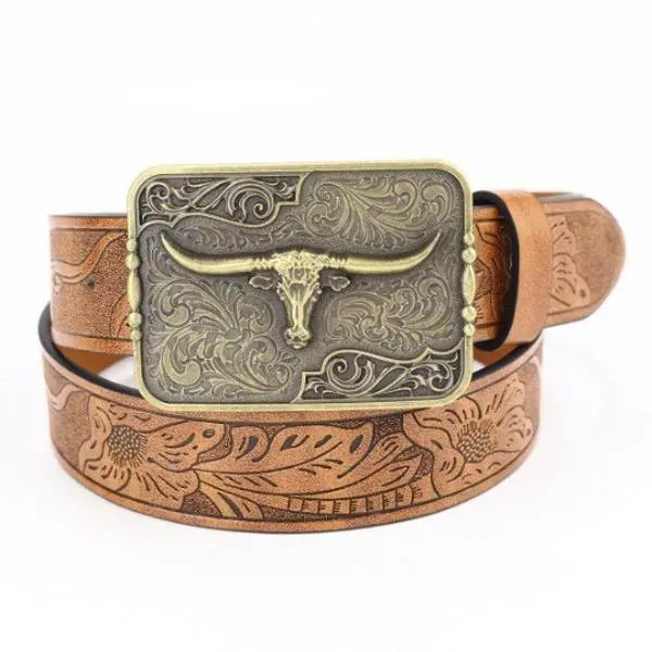 Men's Caramel Floral Tooled Leather Western Waist Belt - Heavy Duty, Vintage 2-Tone Antique Brass Longhorn Bull Large Square Buckle, Stylish Belt for Rodeo, Country Outfits