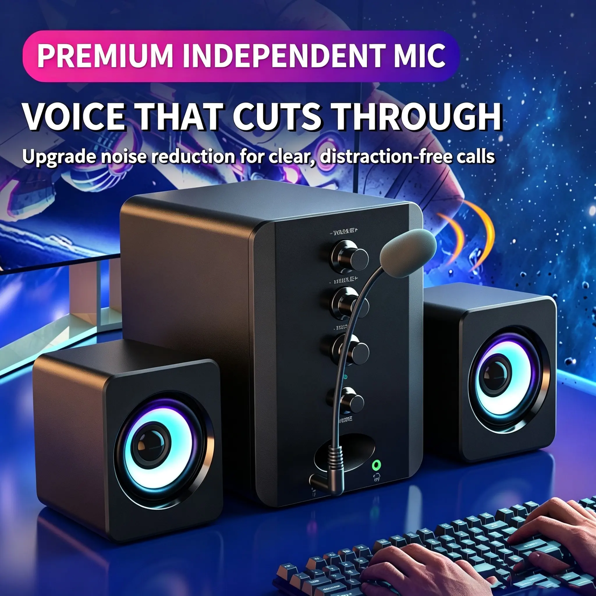 Bluetooth-compatible 5.3 Computer Speaker, 3-Channel Hi-Fi Sound System, Adjustable Bass Treble, Noise-Canceling Mic, Dual Mode Connectivity, PC Speaker