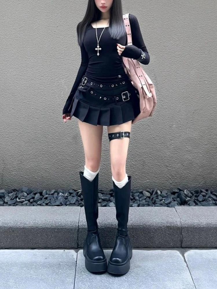 Black High Street Gothic Rivet Mini Skirt Woman Y2K Style Korean Fashion Aesthetic Skirts Elegant Retro A-line Denim Outfit 2026