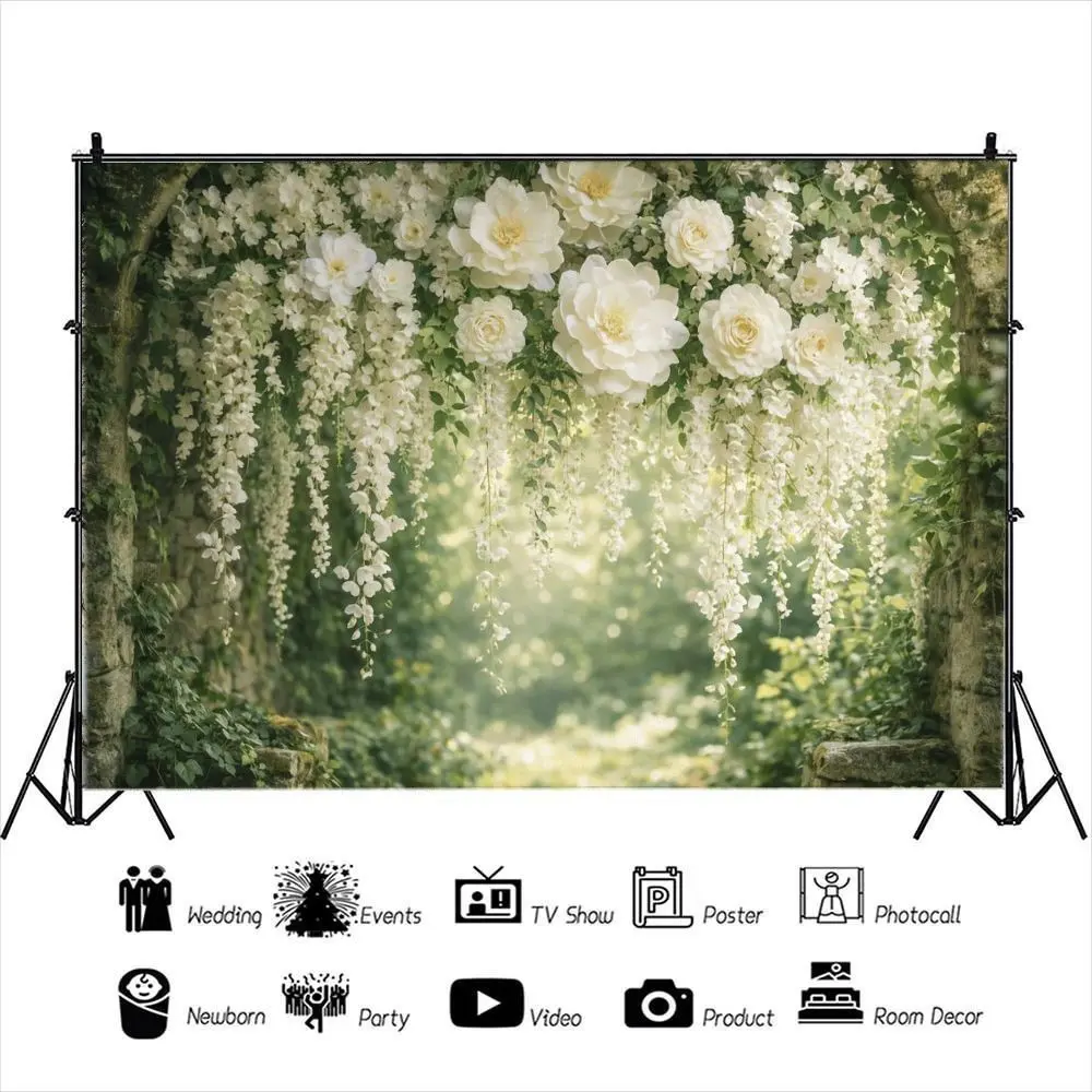 2D Flat Floral Background Cloth, Romantic Garden Hanging Peony Wisteria Banner, Wedding Birthday Party Photography Backdrop, Polyester Material
