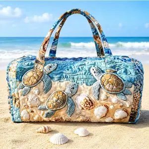 Quilted Sea Turtle Travel Bag, Large Capacity Ocean Shell Print Tote for Summer Vacation, Beach and Sports, Sea Turtle Bag