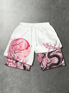 Japanese Cherry Blossom Print Mesh Flowy Gym Shorts, Quick-Dry Two-Piece Design, Casual Loose-Fit Athletic Wear for Men