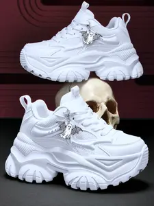 Women's Casual Shoes, 7CM Platform Height Increase, Soft EVA Sole, Lightweight, Breathable Mesh Upper, Chunky Sneakers, Casual Trendy Trainers, Y2K Gothic Style, Silver Ghost Charm, Chain Decoration, All Season, Street Fashion