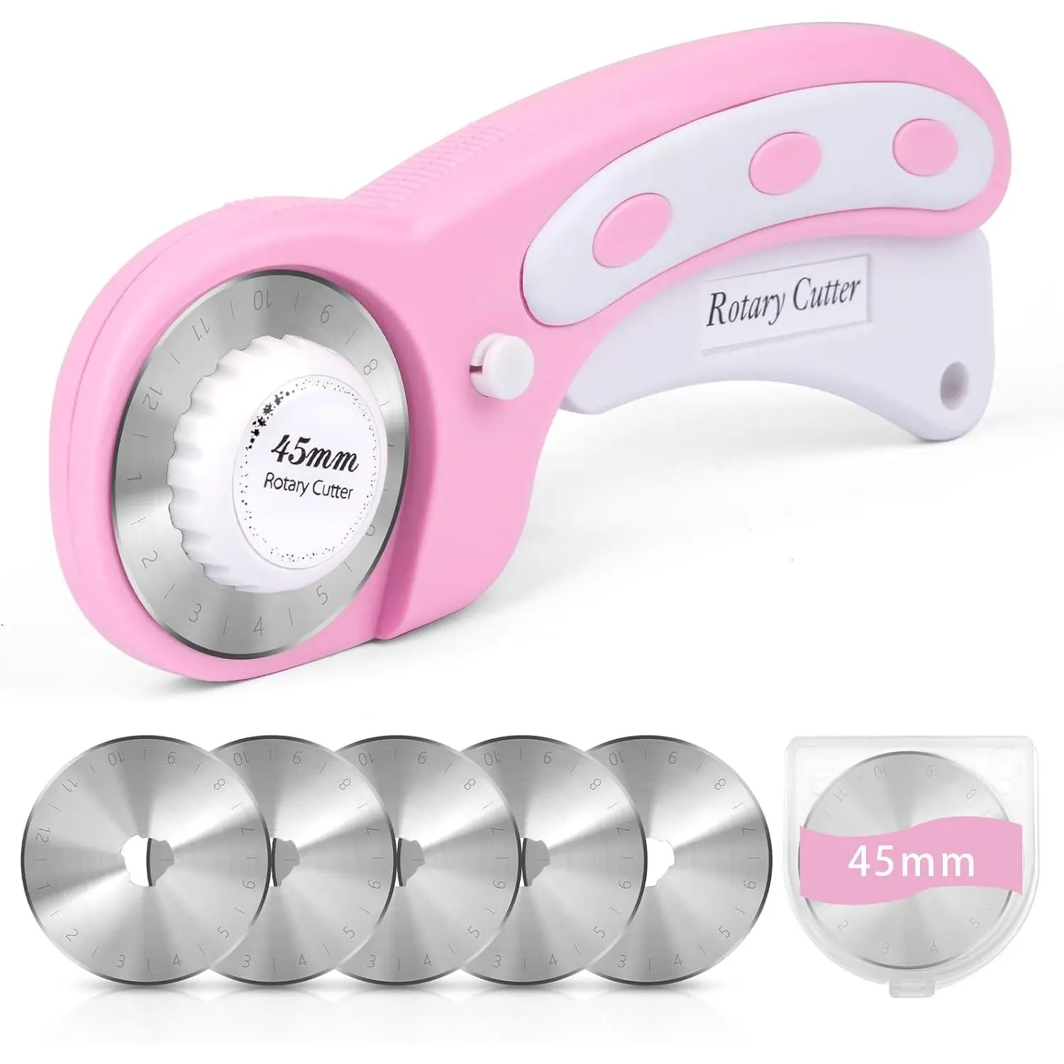 45mm rotary fabric cutter, equipped with 5 extra blades, with roller and safety lock| Pink, ergonomic, capable of cutting multiple layers of material