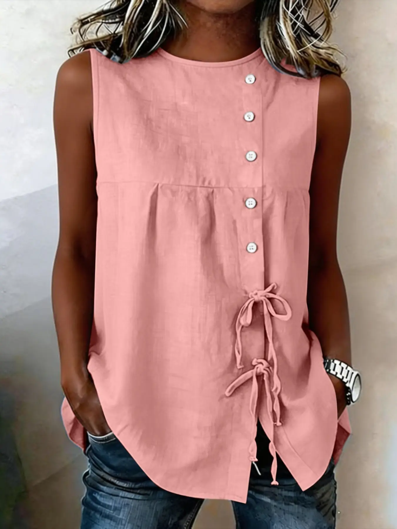 Women's Elegant Shirt Tie Button Round Neck Casual Fashion Sleeveless Tank Top, Perfect for Leisure and Office Wear, Stylish and Comfortable, Casual Sleeveless Tops