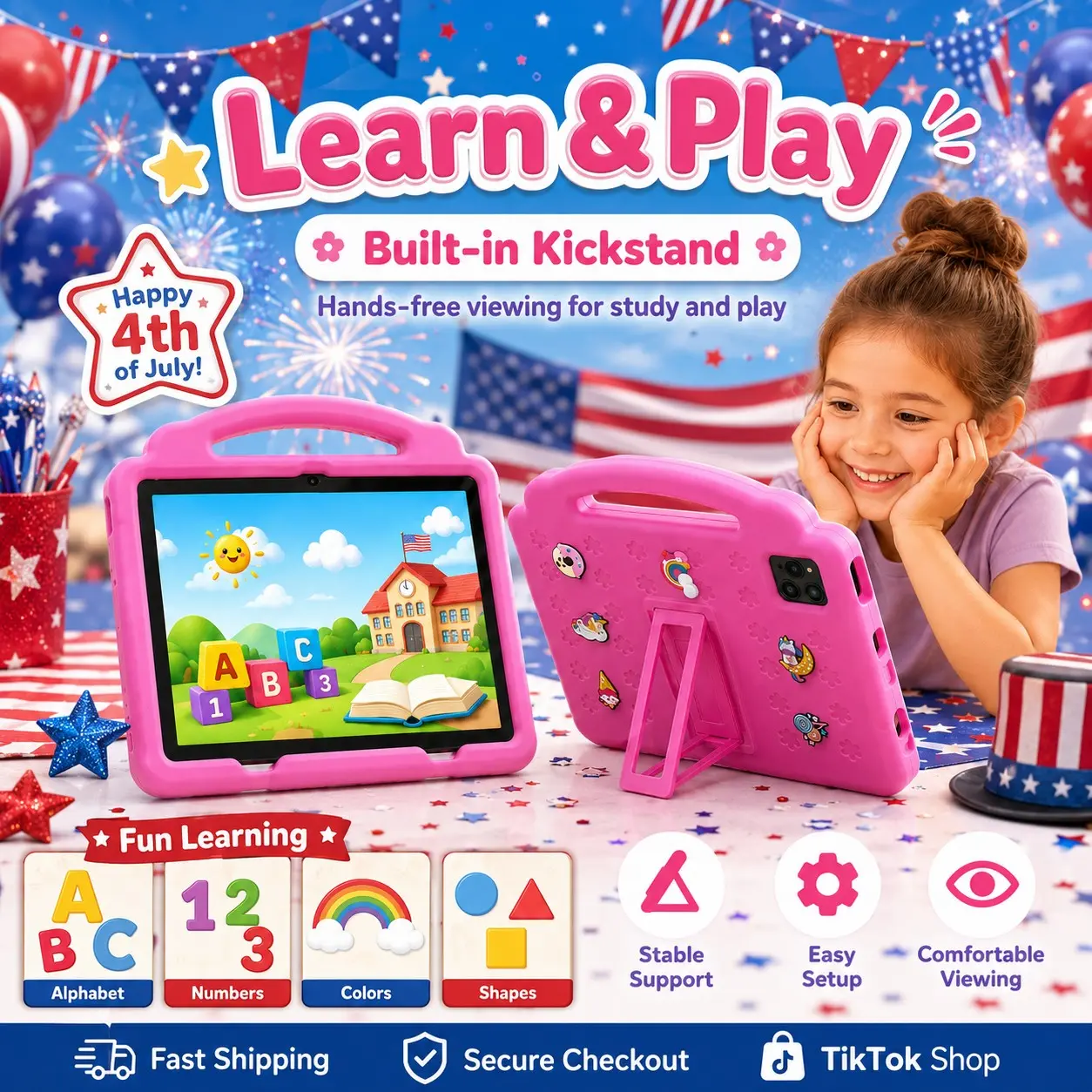 Holiday gift-10.1 Inch Touchscreen Kids Tablet, 4GB RAM 64GB ROM, Android 12, Dual Camera, Durable Kid-Proof Case with Handle, WiFi Learning Tablet for Toddlers