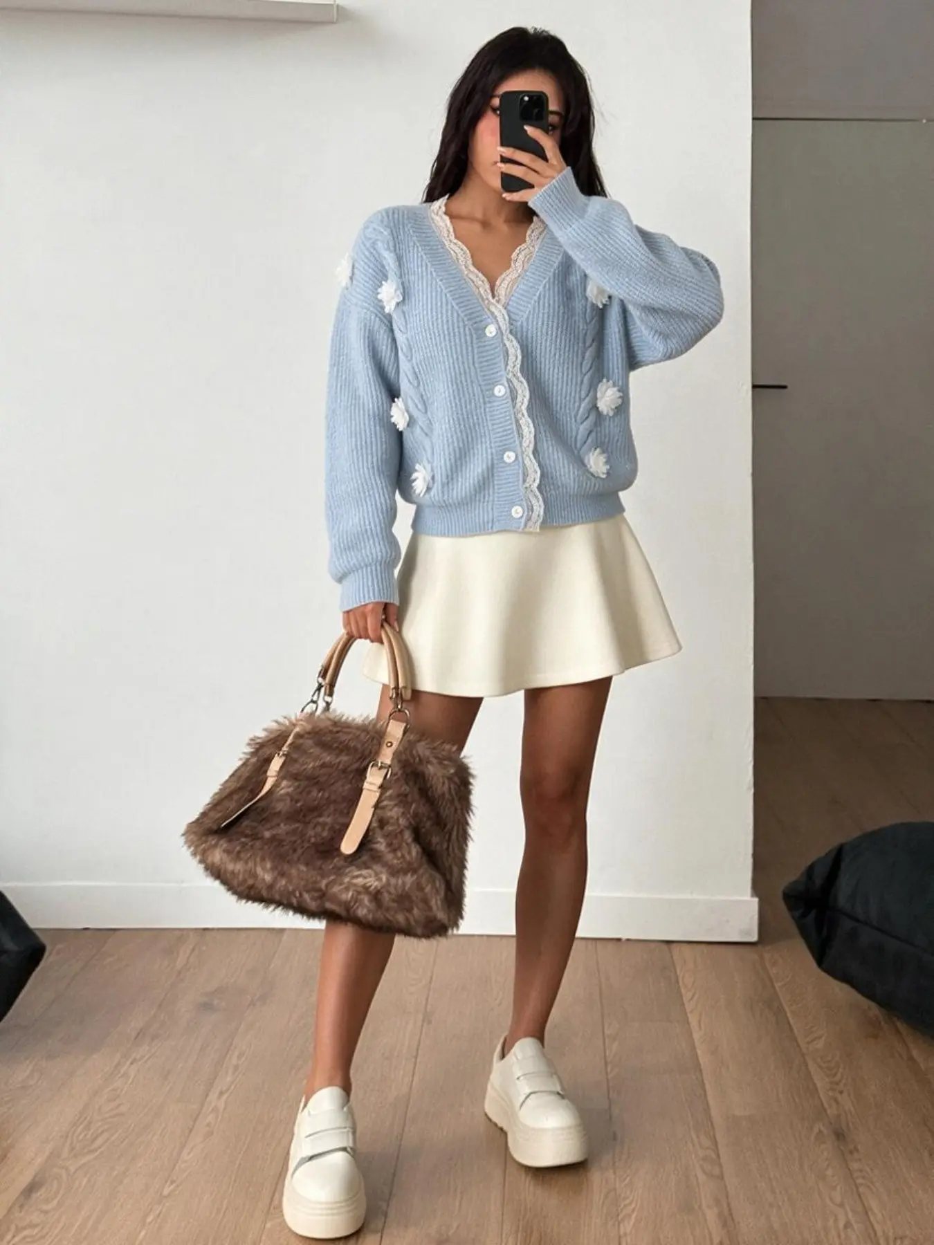 Women Sweet Girly Loose Knit Cardigan, Baby Blue Cable Twist Fabric 3D White Flower Decor V Neck Single Breasted Long Sleeve Soft Daily Sweater Coat