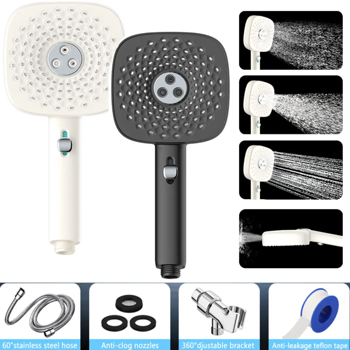 FEELSO Handheld Shower Head Set, 4-Mode Anti-Clog Nozzles, Push Switch User-Friendly Control, Wall Mount, 60" Stainless Steel Hose, Durable Efficient Power Wash for Cleaning Bathroom Tubs