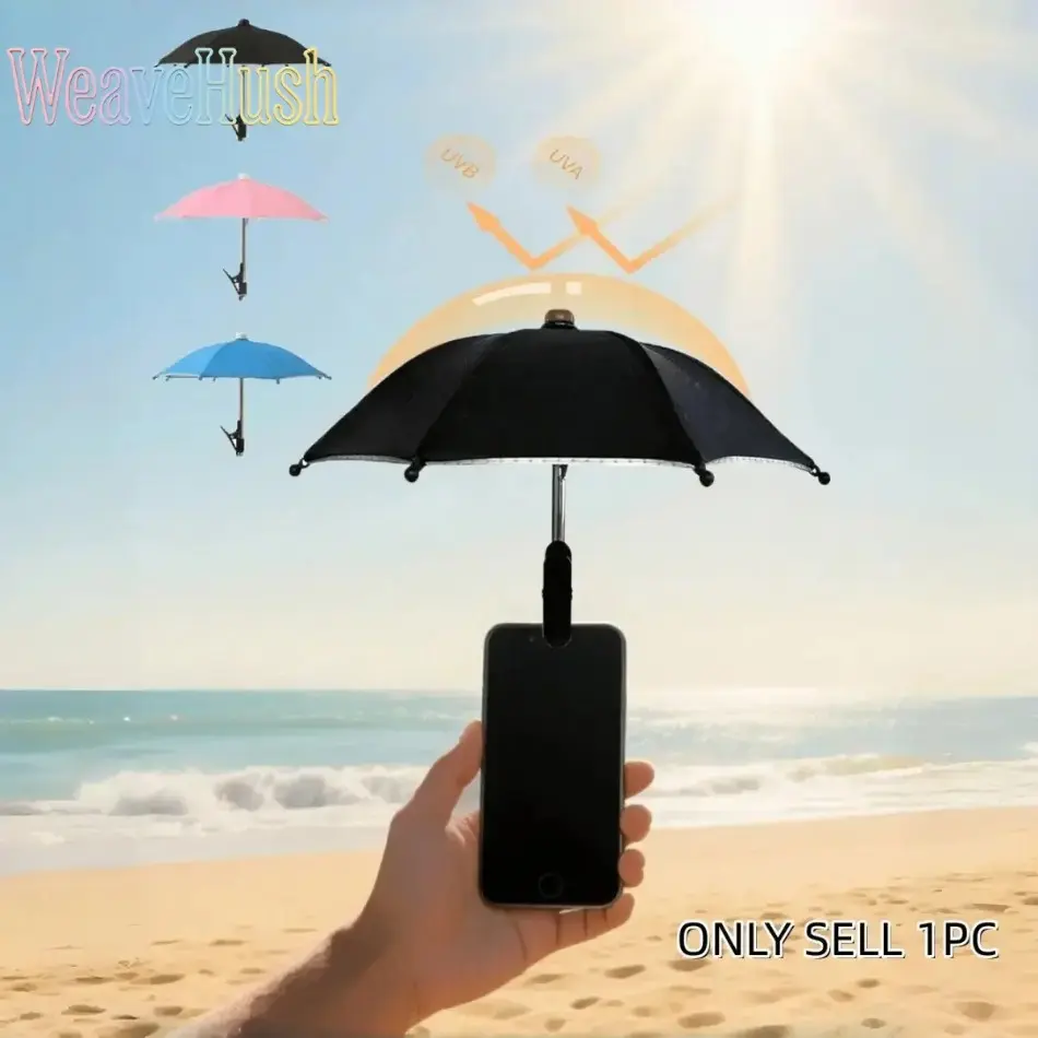 Universal Clip‑On Phone Umbrella, Summer Outdoor‑Essentials, Waterproof UV‑Protection Anti‑Glare Mini Sun‑Shade, Hands‑Free Portable Phone‑Mount for Beach, Camping, In‑Car‑Use and Cute Summer‑Gift‑Giving