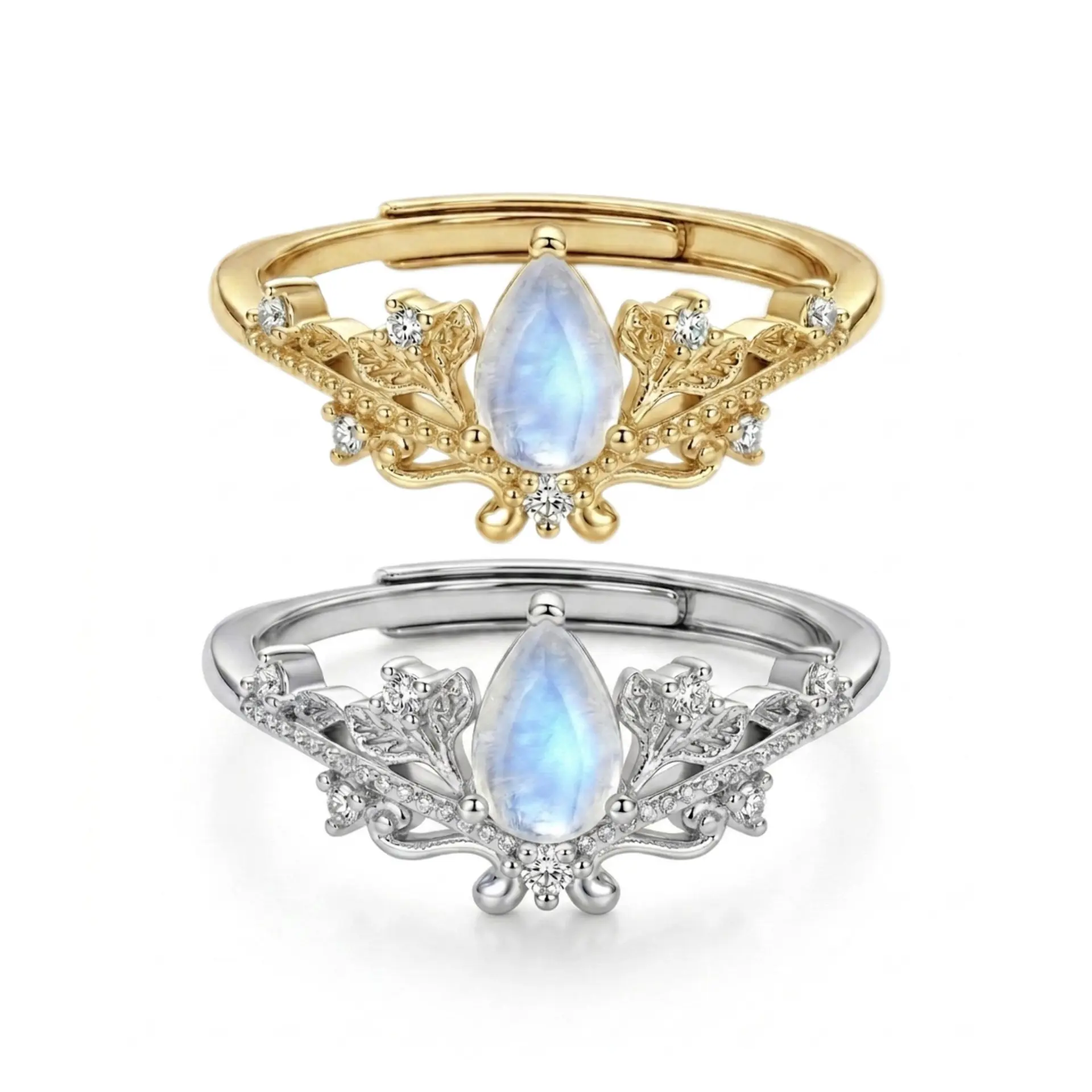 Moonstone Floral Leaf Ring for Women, Vintage Statement Cocktail Ring, Fairycore Cottagecore Nature Inspired Jewelry, Adjustable Boho Retro Ring for Wedding, Festival, Vacation, Everyday Wear & Gift