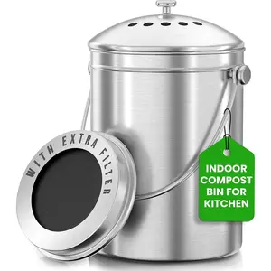 Indoor kitchen compost bin, odorless composting, equipped with an activated carbon filter, 1.3-gallon stainless steel large compost bin, suitable for countertops and under the sink, easy to clean, comes with an extra filter - (Silver)
