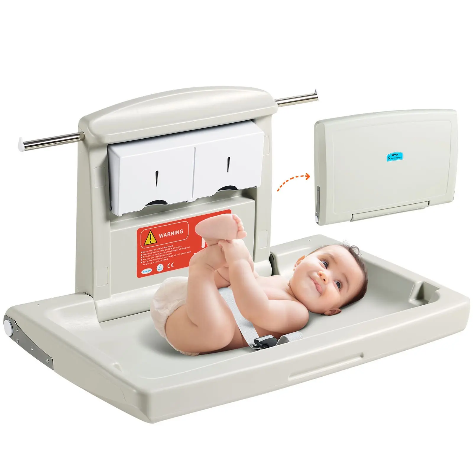 VEVOR Wall-Mounted Baby Changing Station, HDPE Plastic Horizontal Foldable Diaper Table - 22 lbs/10 kg Capacity, 33.9x22.2x19.7 in, Adjustable Strap, Deep Edge Guardrails, Hangable Rods, Easy Install for Commercial Bathrooms, Daycare Centers, 33.86 X 22.2
