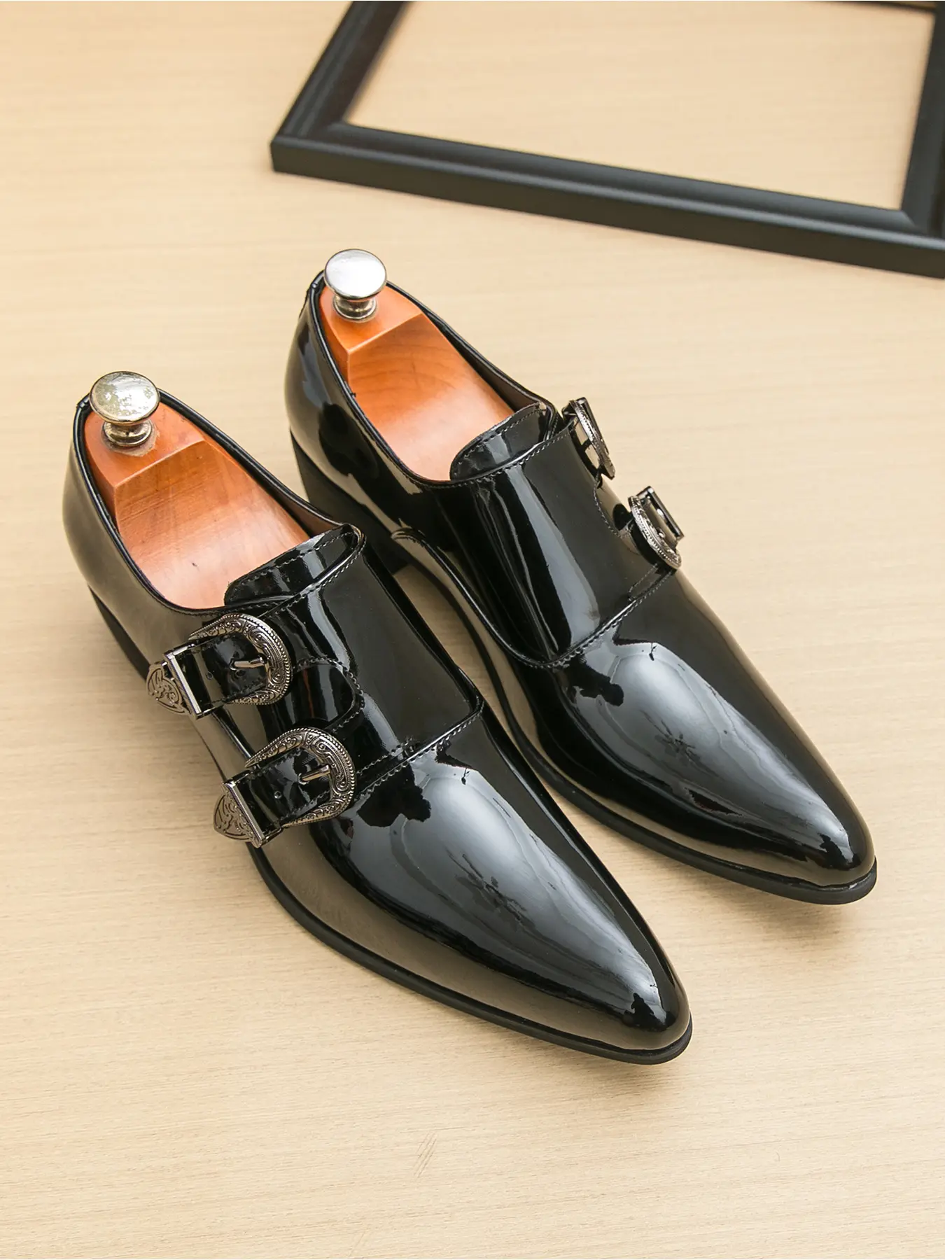 Men Black Gloss Patent Leather Double Monk Strap Dress Shoes Carved Metal Buckle Pointed Toe Low Block Heel Edge Stitched Non-Slip Rubber Outsole Business Wedding Formal Leather Shoes