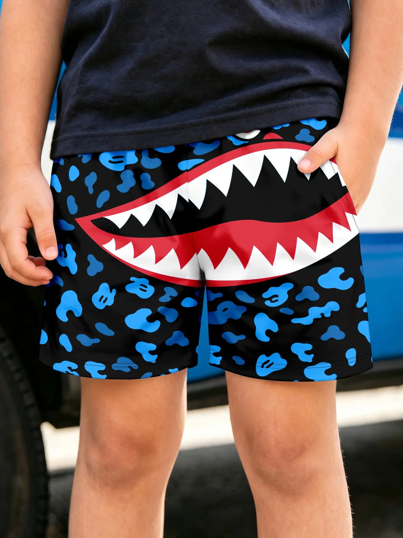 Kids Camouflage Shark Shorts, Base Jagged Shark Teeth Pattern, Boy's Beach Casual Five-Quarter Pants, Ideal for Summer Vacation