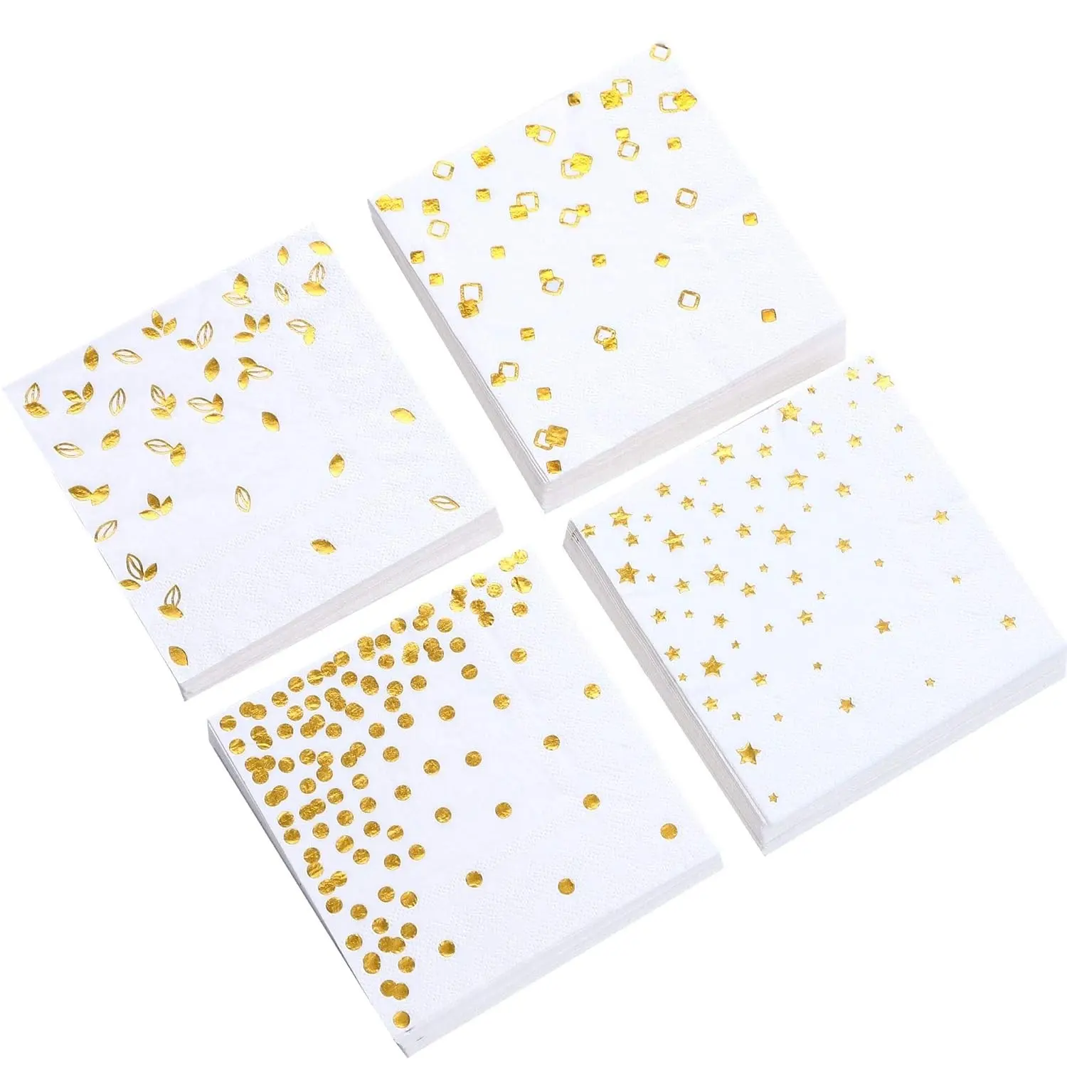 100 Pack Gold Disposable Paper Napkins, 4 Assorted Designs, 3-Ply, Folded 5 x 5 Inches, Cocktail Bar Dinner Napkins for Wedding Baby Shower Birthday 2023 Graduation Parties