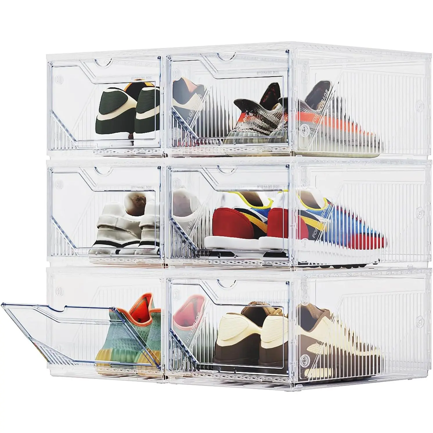 XX-Large Shoe Sneaker Storage Boxes for Size 14, 6 Pack Shoe Boxes | Stackable & Thicken Clear Plastic Shoe Organizers for Entryway Closet, Shoe Container Display Case w/  Door