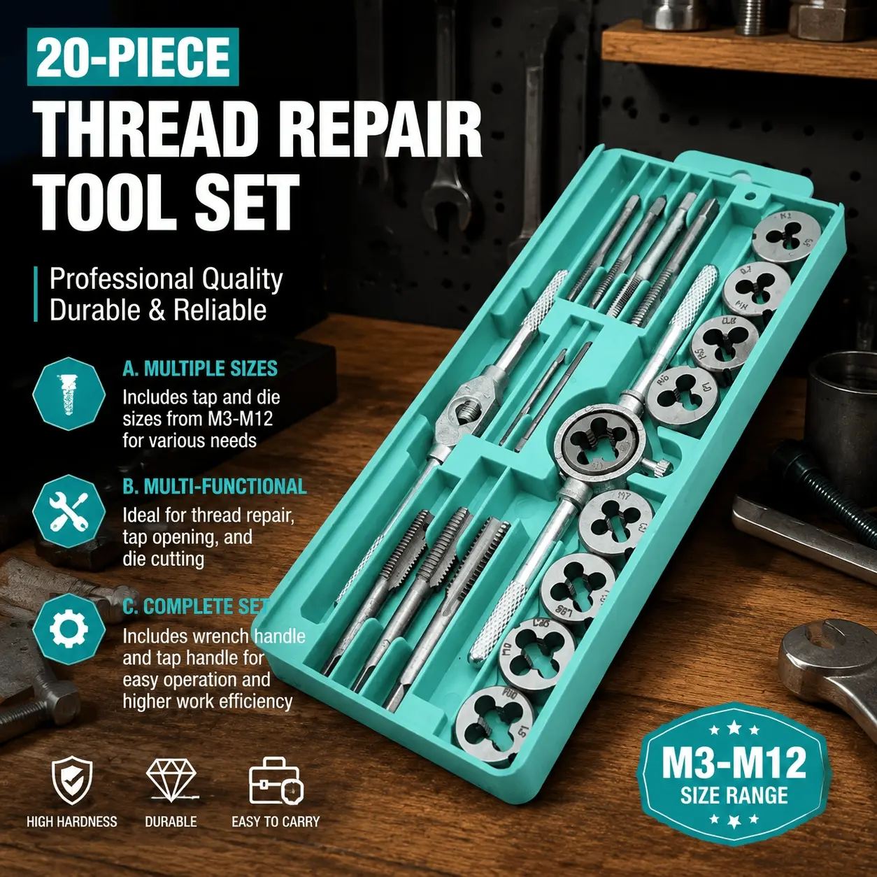 Heavy Duty Industrial Tap & Die Set - Manual Thread Repair Tool for Metal & Wood Drilling, Tapping, Home & Auto Repair