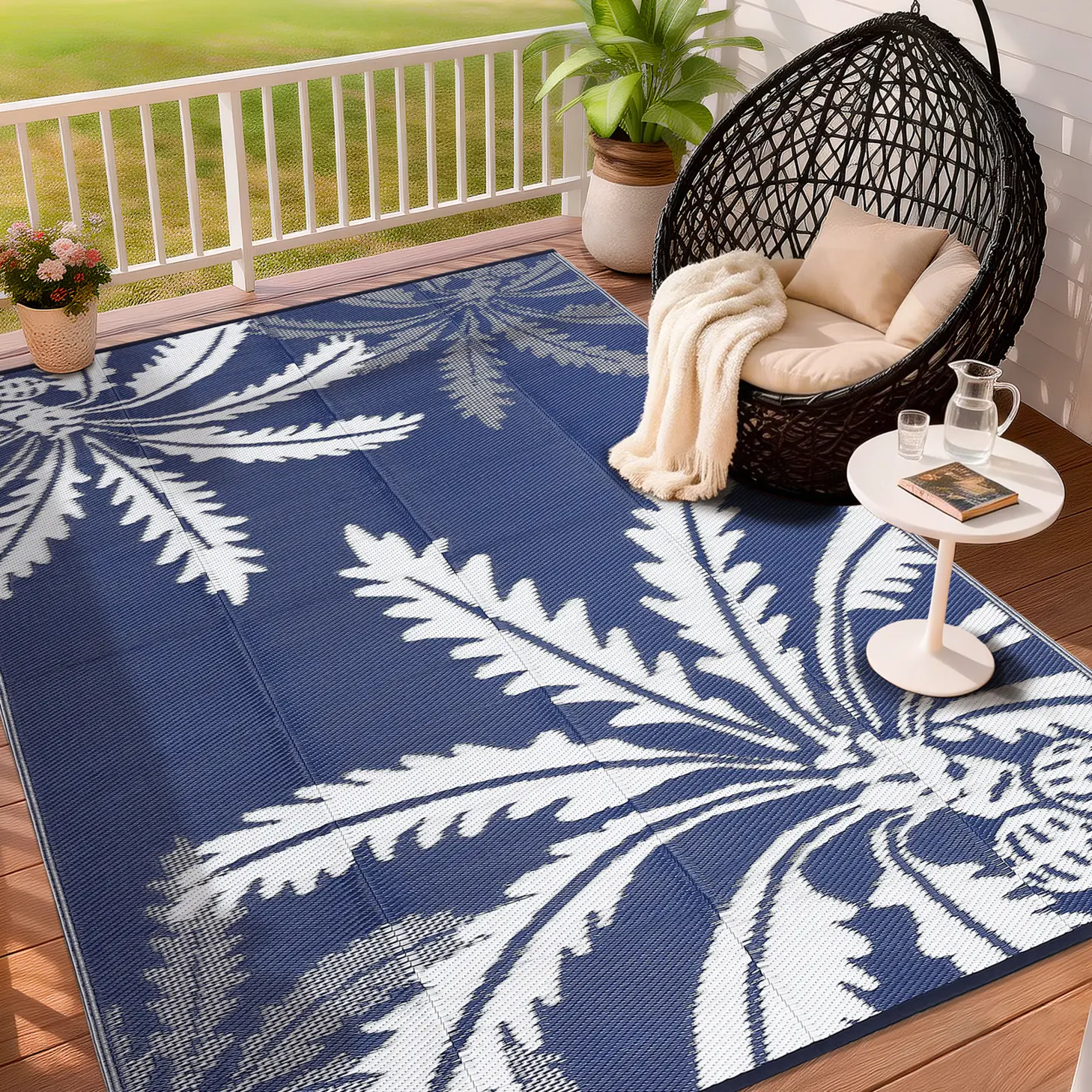 Garvee Waterproof Outdoor Rug 5x8 for Patio, Reversible Modern Area Rug, Large Plastic Straw Mat for Camping, RV, Porch, Backyard, Deck, Picnic, Beach, Blue & White