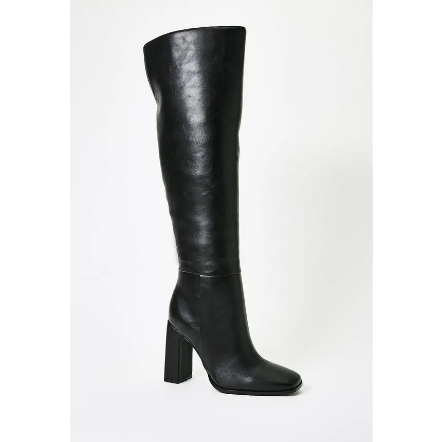 JUST FAB Women's Over-the-Knee Boots, Smooth Eco Leather Slip-On Tall Boots with 4-Inch Chunky Block Heel Comfortable Tall Boots
