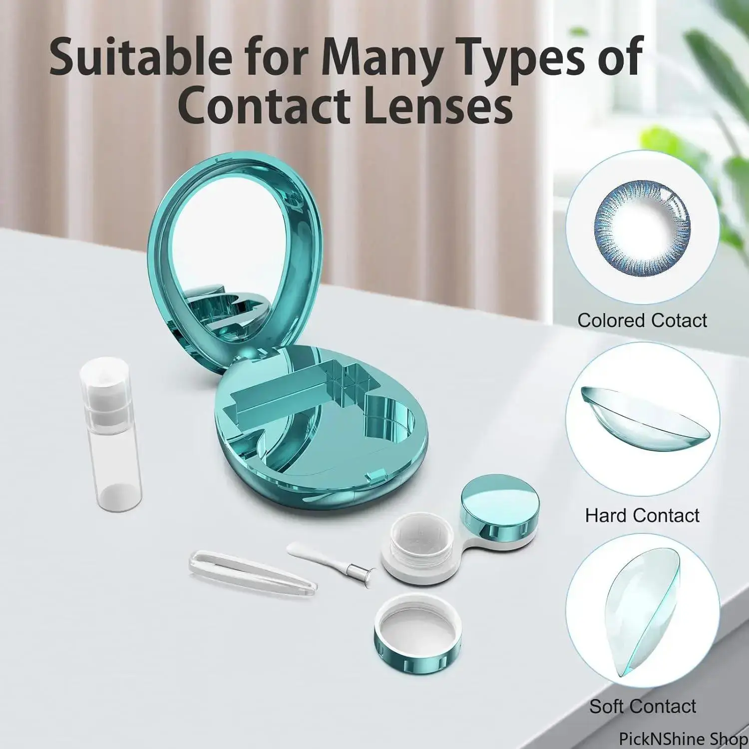 Portable Contact Lens Case, 1 Count Contact Lens Storage Box with Mirror & Solution Bottle & Tweezers & Contacts Applicator & Contact Lens Case, Durable Contact Lens Case for Indoor & Outdoor