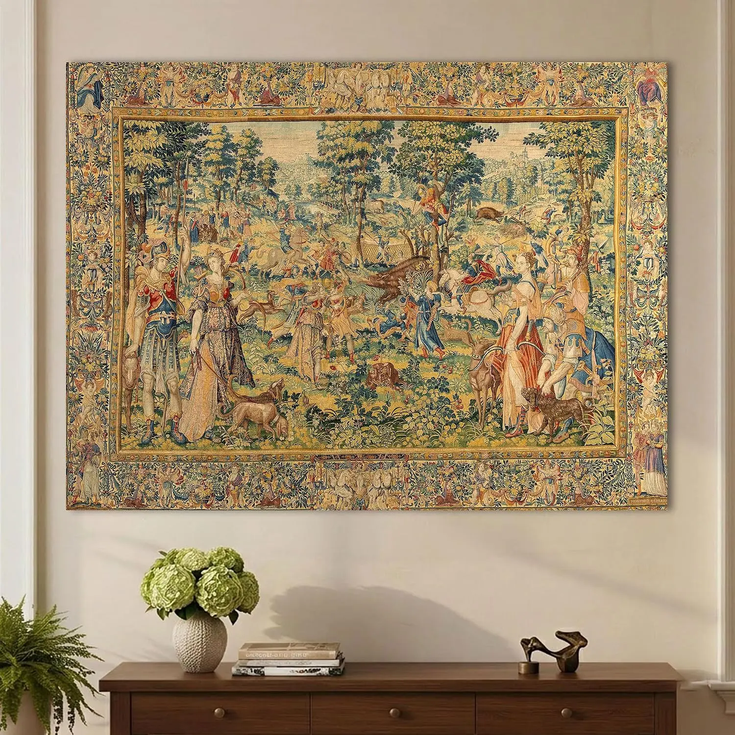 LATETOMT European Renaissance Vintage Tapestry Wall Hanging, Medieval Garden Figures & Trees Decorative Art, Cotton-Linen Room Decor for Bedroom Living Room (56x39in) LTMMYW003
