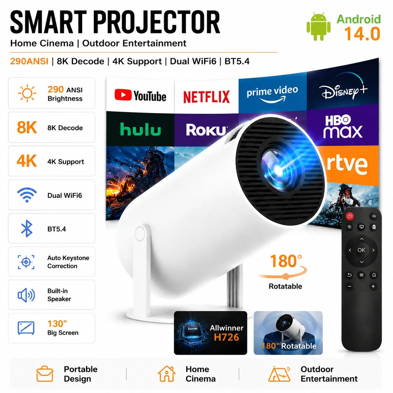 Projector 290ANSI Android 14.0 Dual WiFi6 8K 4K Decode Auto Keystone Correction Wireless BT5.4 130"Screen 1280*720P Built-in Speaker Allwinner H726 180 °   Rotatable Mini Portable Home Cinema Outdoor Audio Summervibes Gift