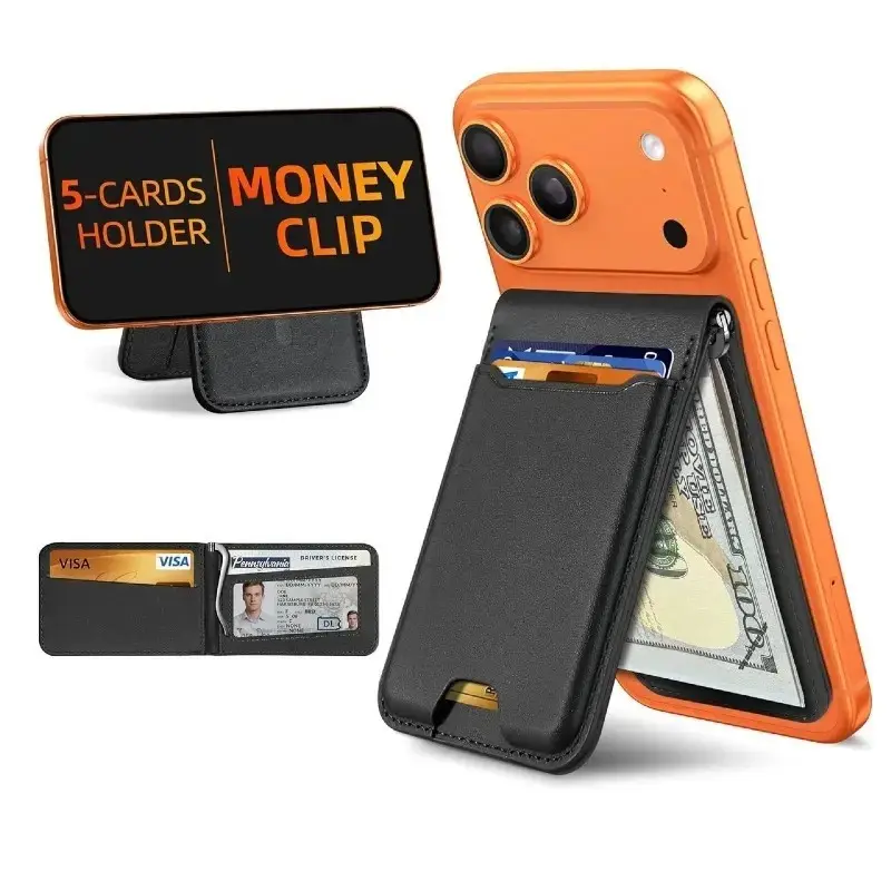 Magnetic Wallet with Money Clip for iPhone 17/16/15/14/13/12, Adjustable Stand, ID Window, 5 Card Slots, Vegan Leather Material
