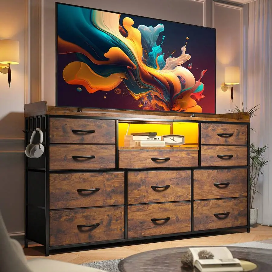 11-Drawer Fabric Storage Tower Dresser with Wood Top, 60" TV Stand, Wood Cupboards, LED Lights, Charging Station, Shelves, 4 Hooks, Sturdy Metal Frame, Compact Design, Easy Setup for Modern Bedroom