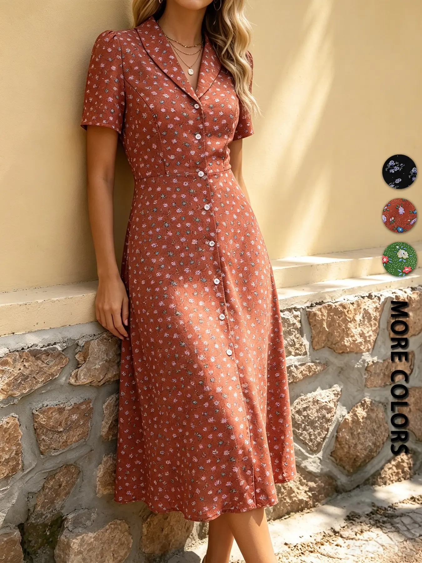 Spring Summer Office Women Midi Dress, Floral Pattern Print, Button Front, Short Sleeve, Fitted, Elegant Style, All Seasons, Multiple Colors Available