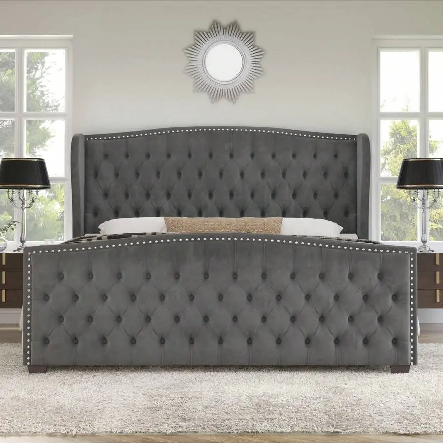 Queen/King/California King Size Velvet Upholstered Platform Bed Frame With Handmade Wingback Headboard, Button Tufted And Nailhead Design, Wooden Slats Support For Bedroom Furniture,corner bed frame,floor,cama,,twin,modern,home,decor,gro,fire,safety,label