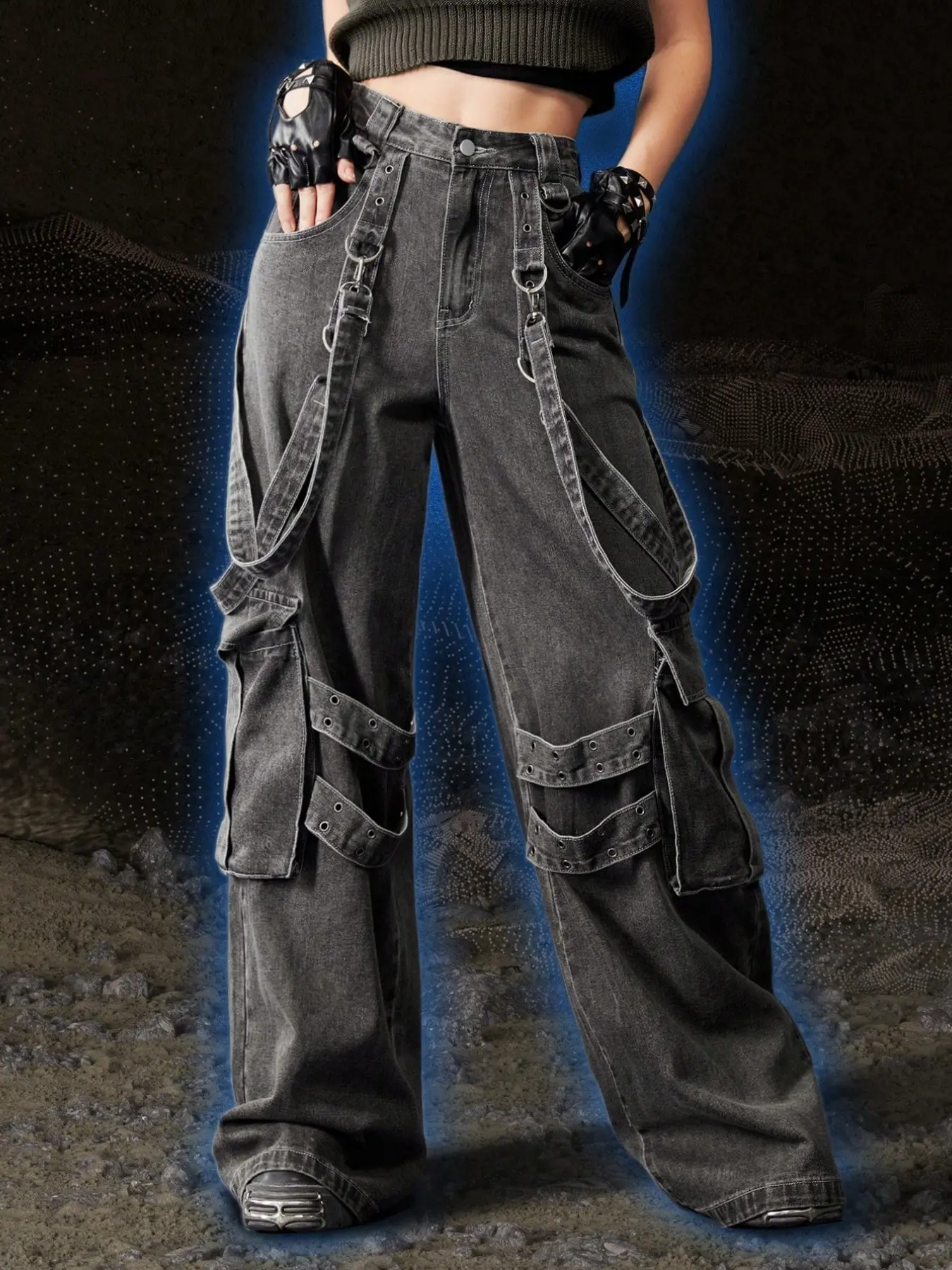 Y2K Gothic Windproof Tie-Strap Multi-Pocket Distressed Workwear Wide-Leg Jeans, Loose-Fitting, All Seasons, Solid Pattern, Baggy Jeans