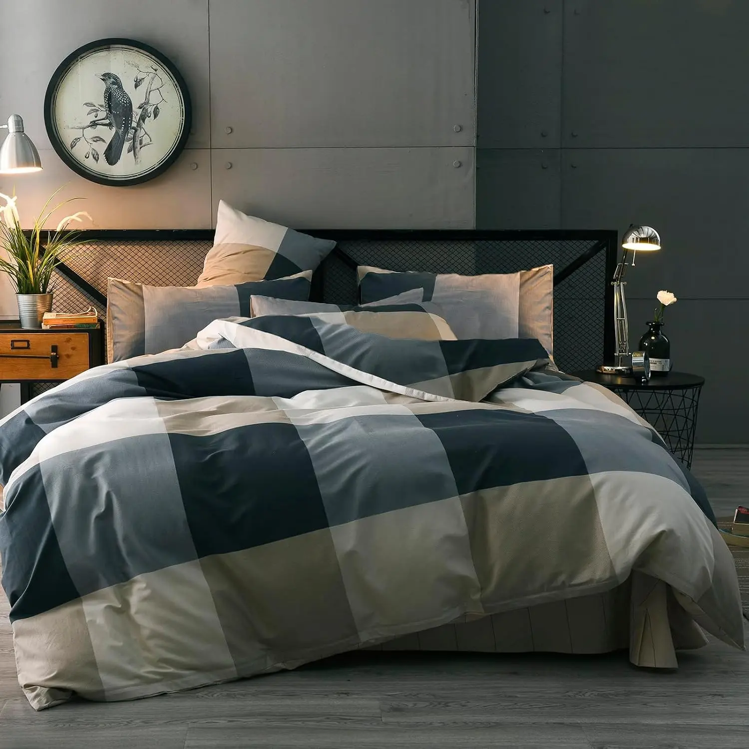 Twin XL Bed Comforter Set, Men-Focused Geometric Checkered Plaid Printed Bedding, Soft Fabric All-Season Lightweight Bedding Set, All Seasons