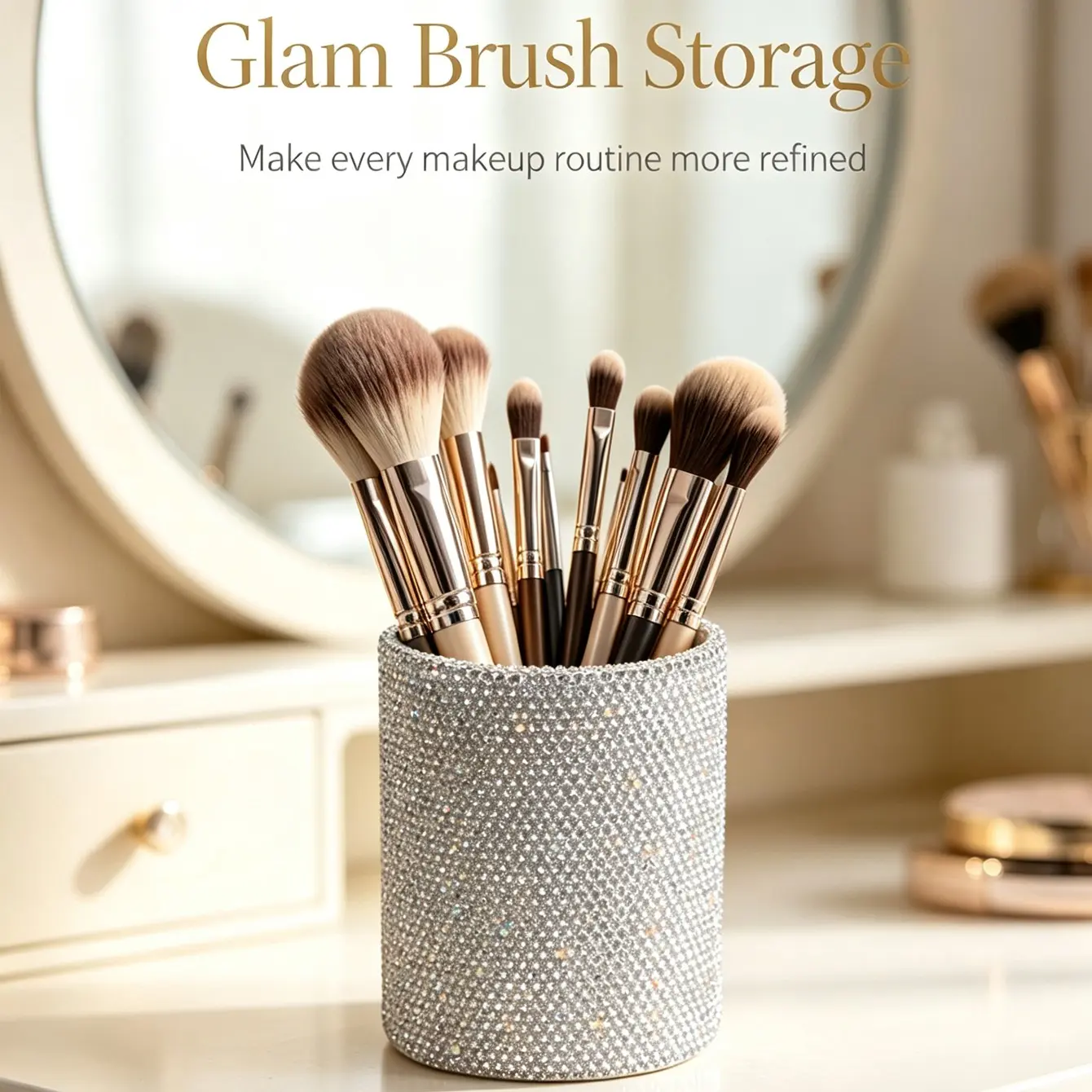 Diamond-Embedded Makeup Brush Organizer, Portable Powder Brush Holder, Concealer & Eyeshadow Brush Case, Elegant Storage Box