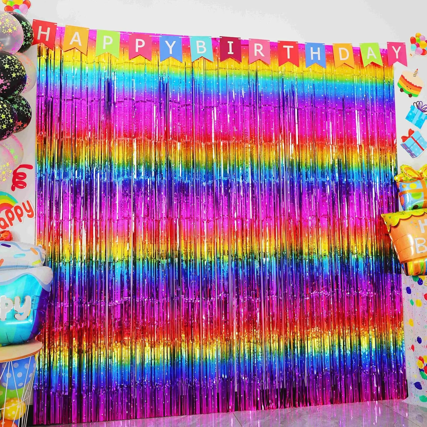 4PCS 1X2M Rainbow Tinsel Foil Fringe CurtainsRainbow Party Decorations Banners Metallic Streamers with Star for Birthday Wedding Engagement Graduation Baby Shower Photo Booth Props Backdrop