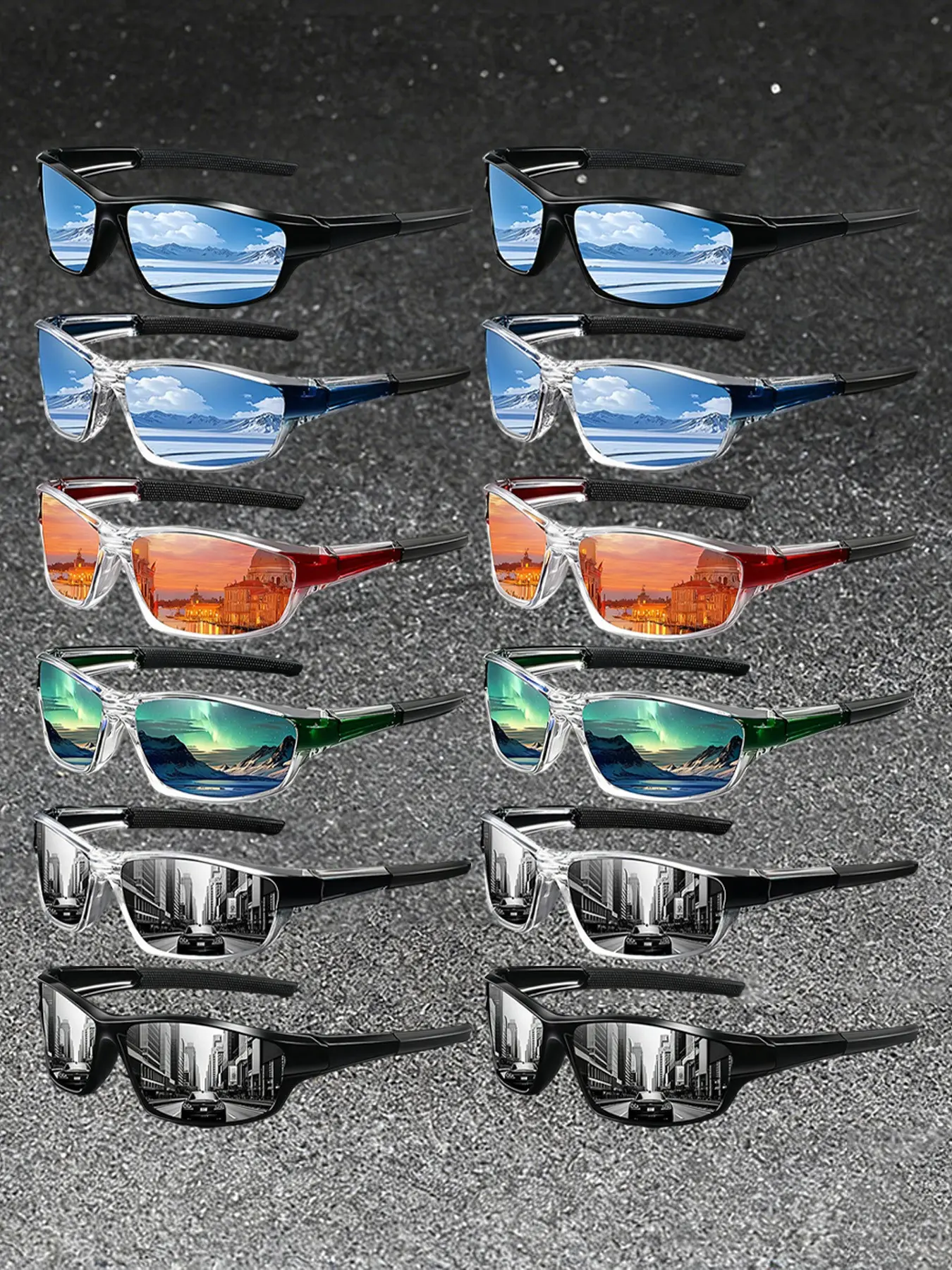 12 pairs of new fashionable spliced sports sunglasses, neutral design, UV400 protective lenses effectively block ultraviolet rays, transparent spliced frame with rubber nose pad, stylish and comfortable, very suitable for various outdoor activities