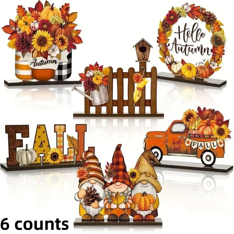 6 Counts Autumn Wooden Decorations, Cute Dwarf Float Fence, Thanksgiving Home Decoration, Party Desktop Centerpiece, Holiday Ornament
