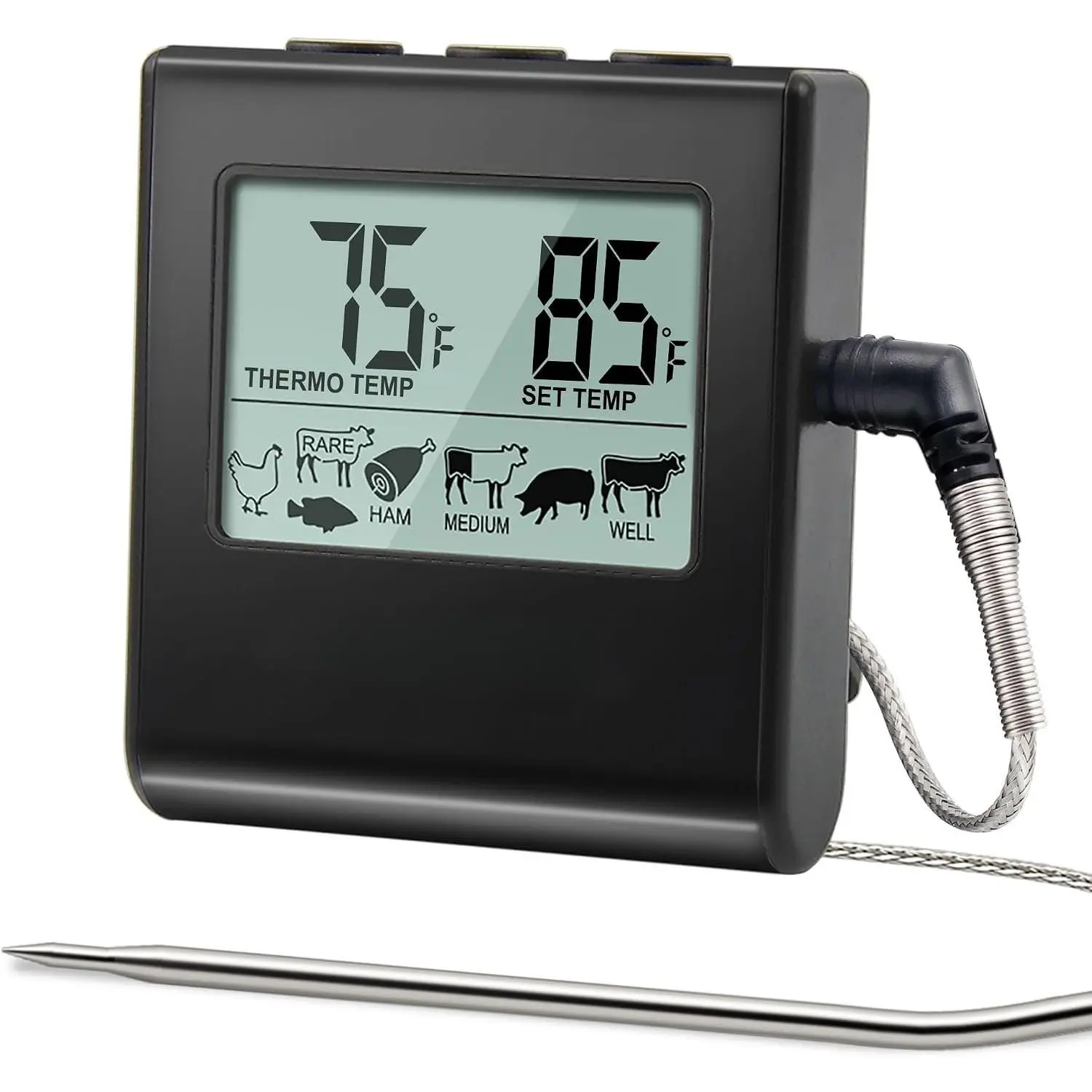 TempTrack Large LCD Digital Meat Thermometer for Cooking,  | Kitchen  Probe Thermometer With Clock Timer, Stainless Steel Temperature Probe for Oven  BBQ Grill Candy, Black