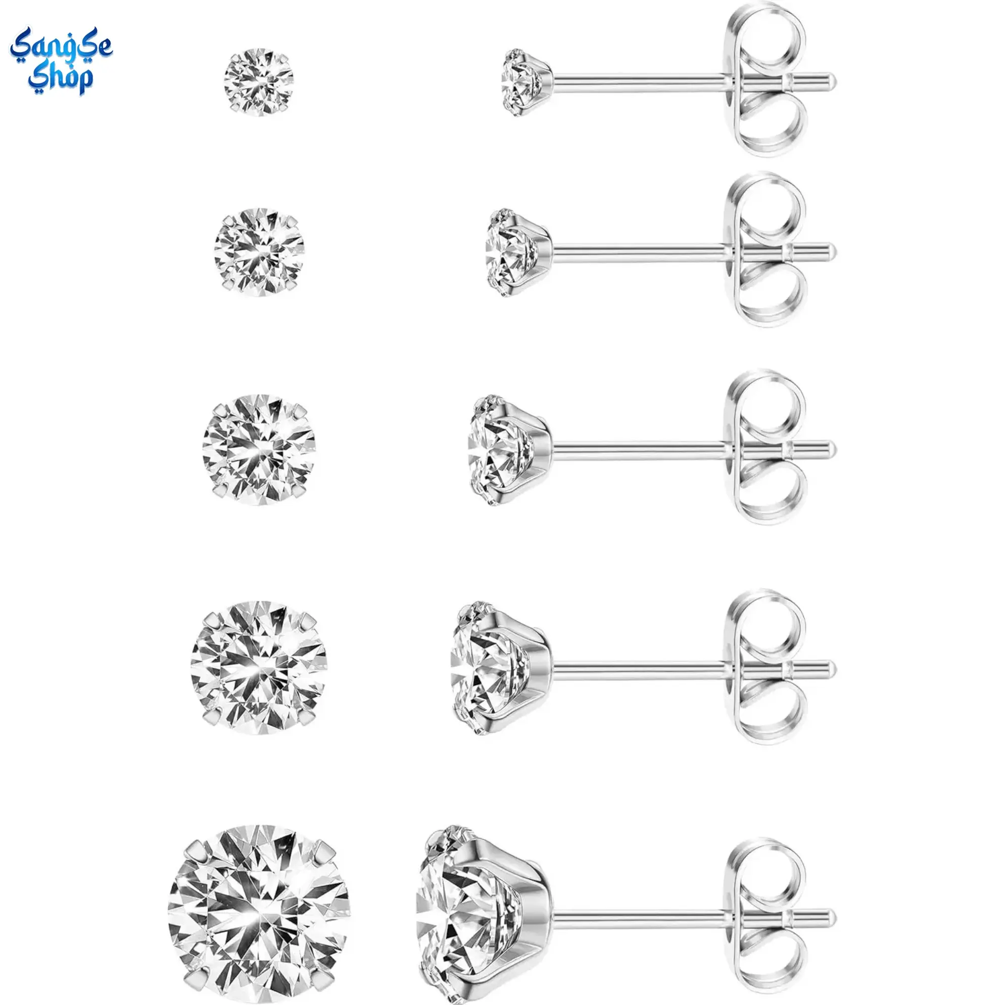 5 Pairs Stud Earrings Set with Round Cubic Zirconia, Unisex 316L Stainless Steel Minimalist Jewelry, Hypoallergenic Extra Long Posts for Anniversary & Valentine's Day, Men's Earrings, Male, Daily