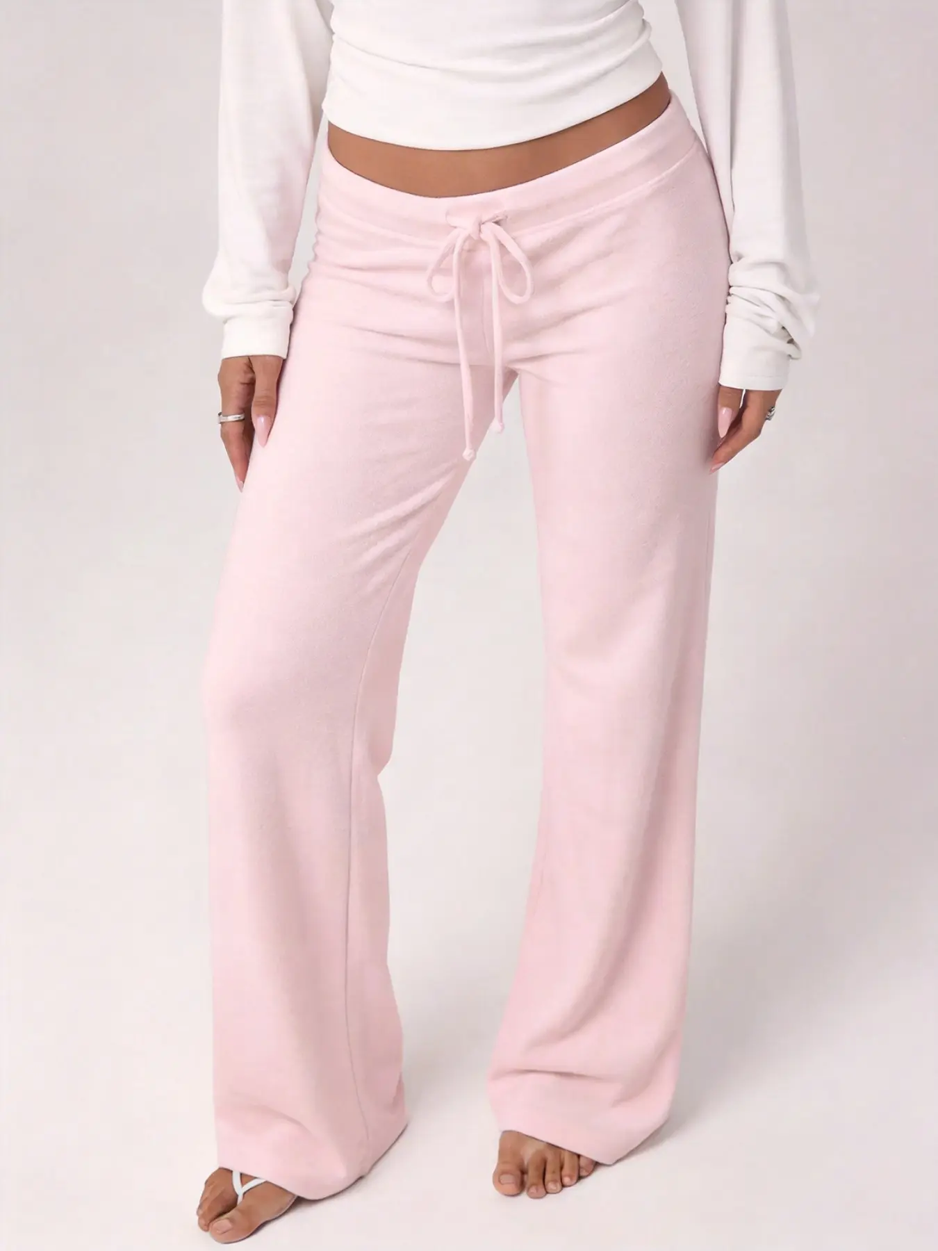 Women Baby Pink Low Waist Drawstring Flared Sweatpants, Y2K Low‑Rise Micro Bootcut Lounge Pants, Soft Terry Stretchy Casual Trousers, Versatile Bottoms Match Crop Tops For Daily Street Outfits