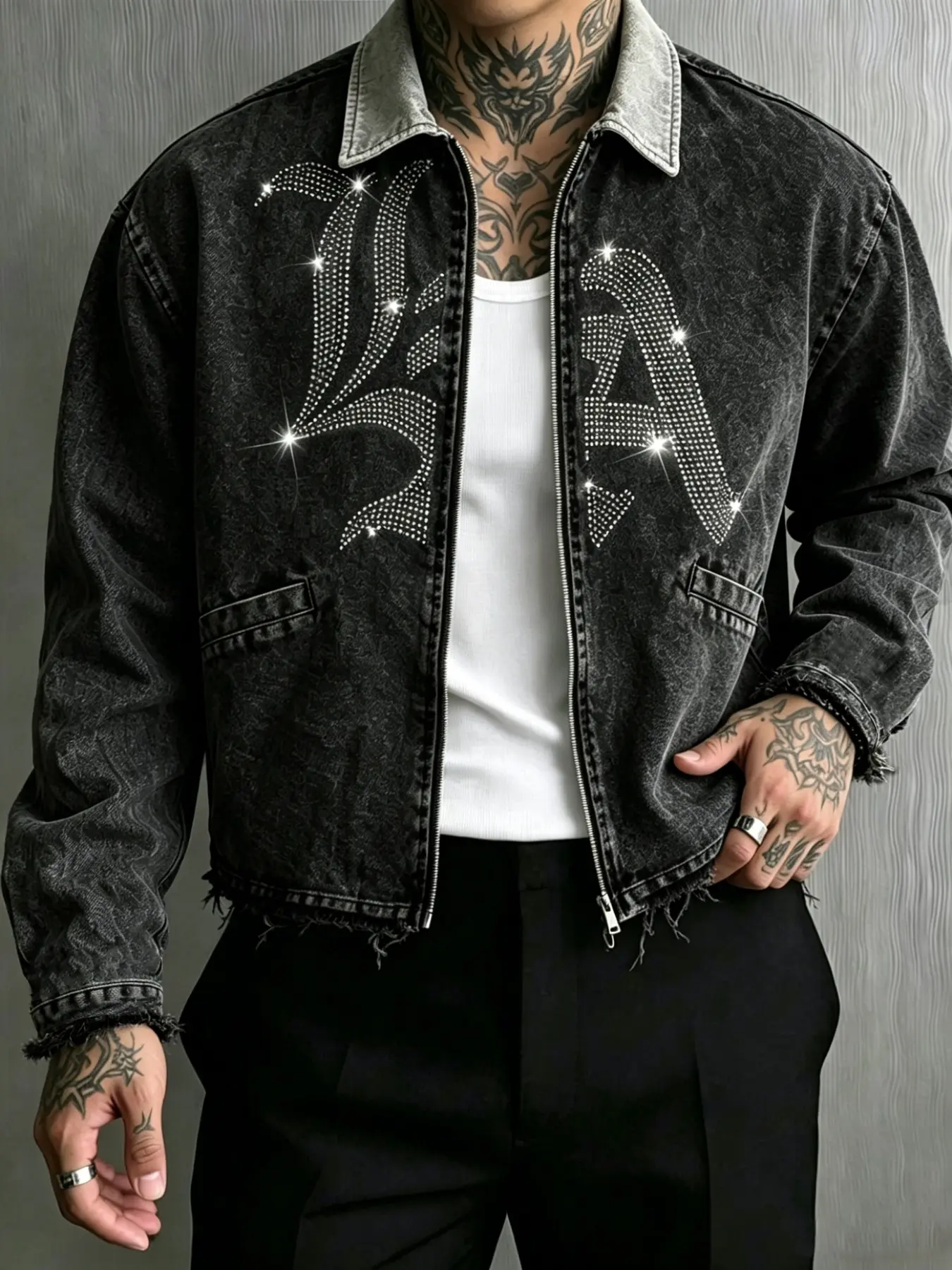 Men's Street Style Streetwear Rhinestone Decorated Denim Jacket, Vintage Washed Denim Zipper Coat, Bright La Rhinestone Pattern, Loose Fit Hip Hop Top