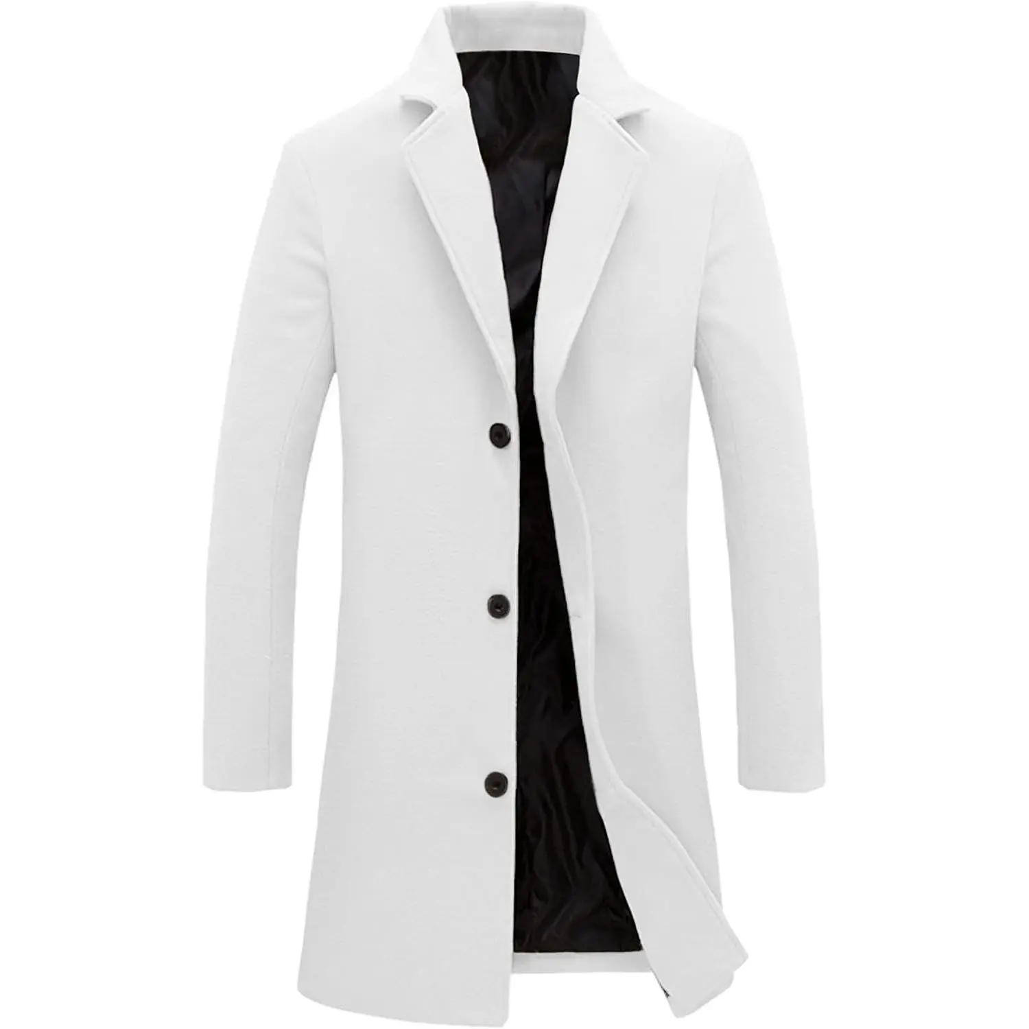 Mens Black Trench Coat Notched Lapel Single Breasted Long Peacoat Overcoat