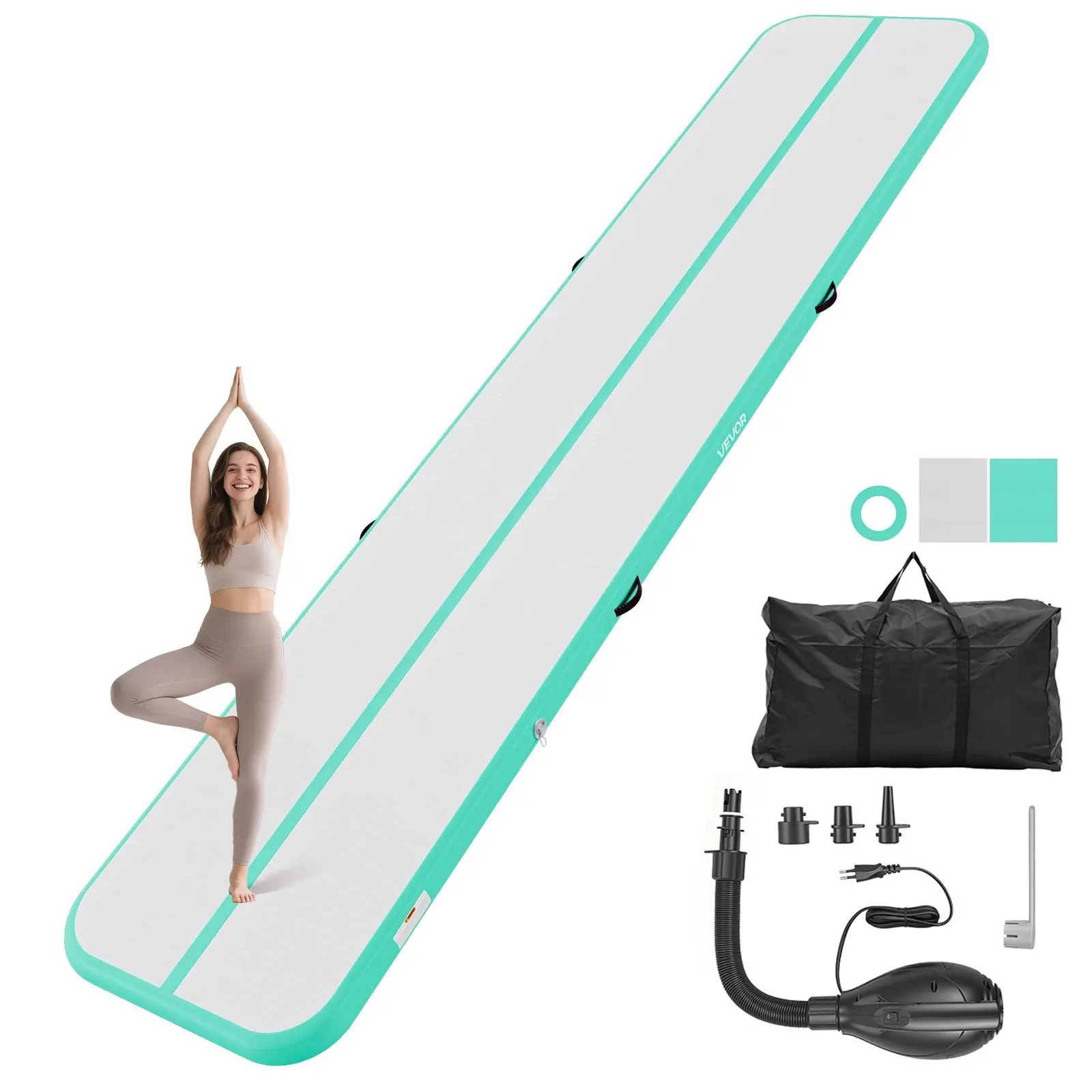 VEVOR Inflatable Gymnastics Air Mat 16.4 ft Training Mats w/ Electric Pump, 4 inches Thick Sturdy Tumble Track, Tumbling Mat for Home Use/Gym/Outdoor/Yoga/Cheerleading/Beach/Park/Water, Mint Green