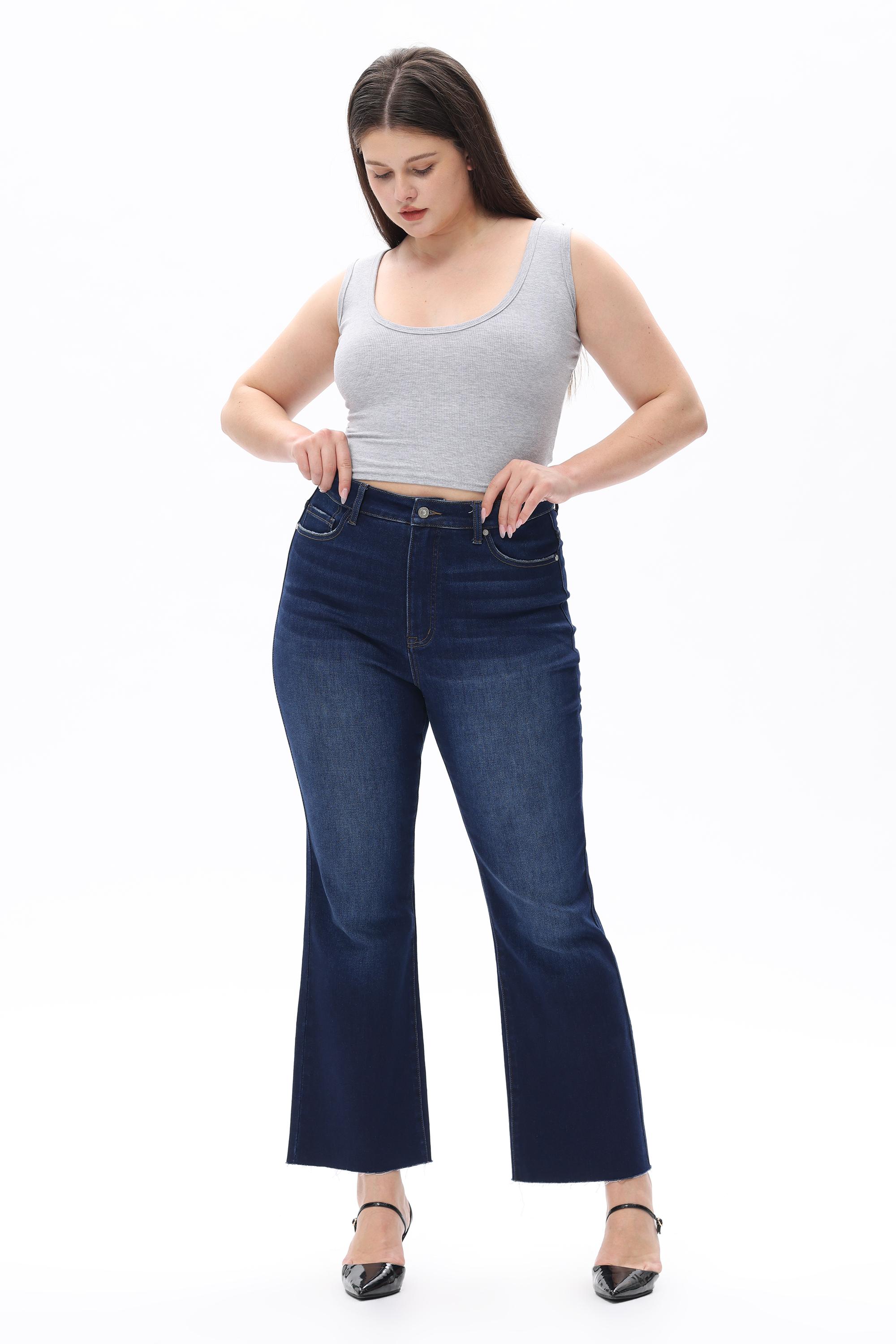 Retro Dark Wash Flare Jeans for Curvy Women, High Waisted Bootcut Cropped Denim |   Must-Have Streetwear