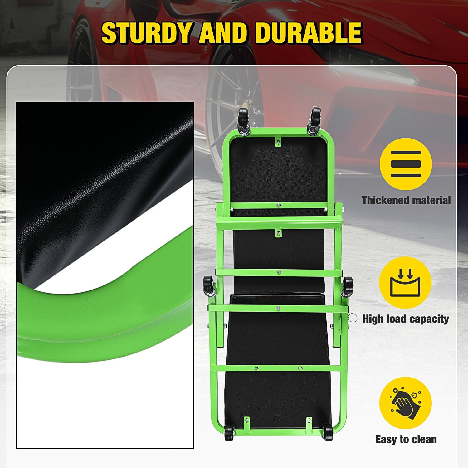 36"  - 2-in-1 Rolling Folding Car Seat, 36 inches Adjustable Roller Garage Chair Lay Down or Sit, 330LBS Capacity, Green Black