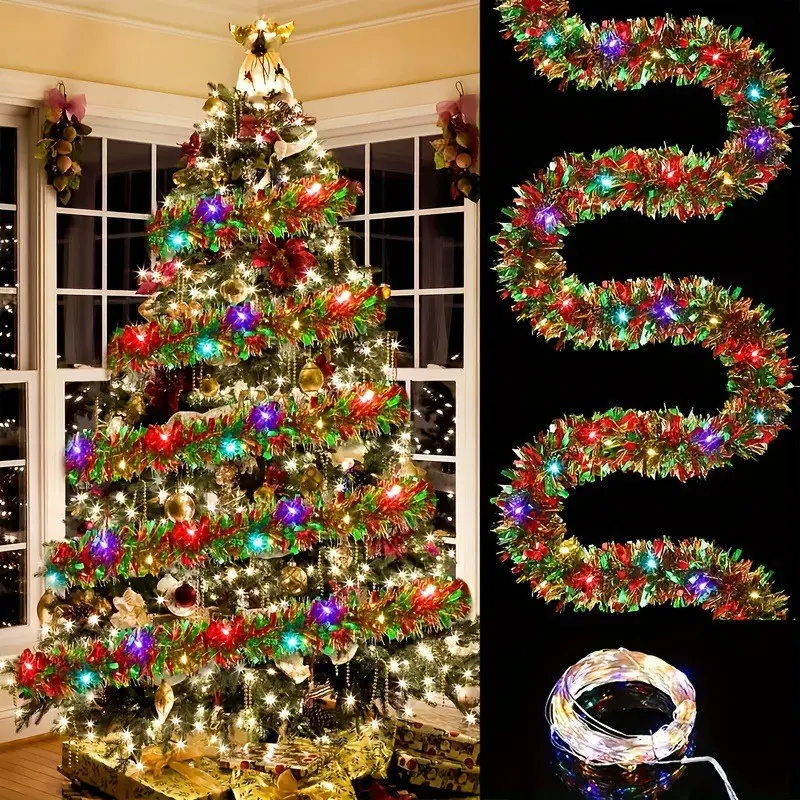 Light Up Xmas Tinsel Fringe Garland, 9cm Width 5 Meter Red Green Bubble Wire Shiny Ribbon Strip, Sparkly Holiday Party Atmosphere Tinsel Streamer for Home Christmas Decor, Store Front Display, Holiday Party Backdrop & Garden Xmas Layout