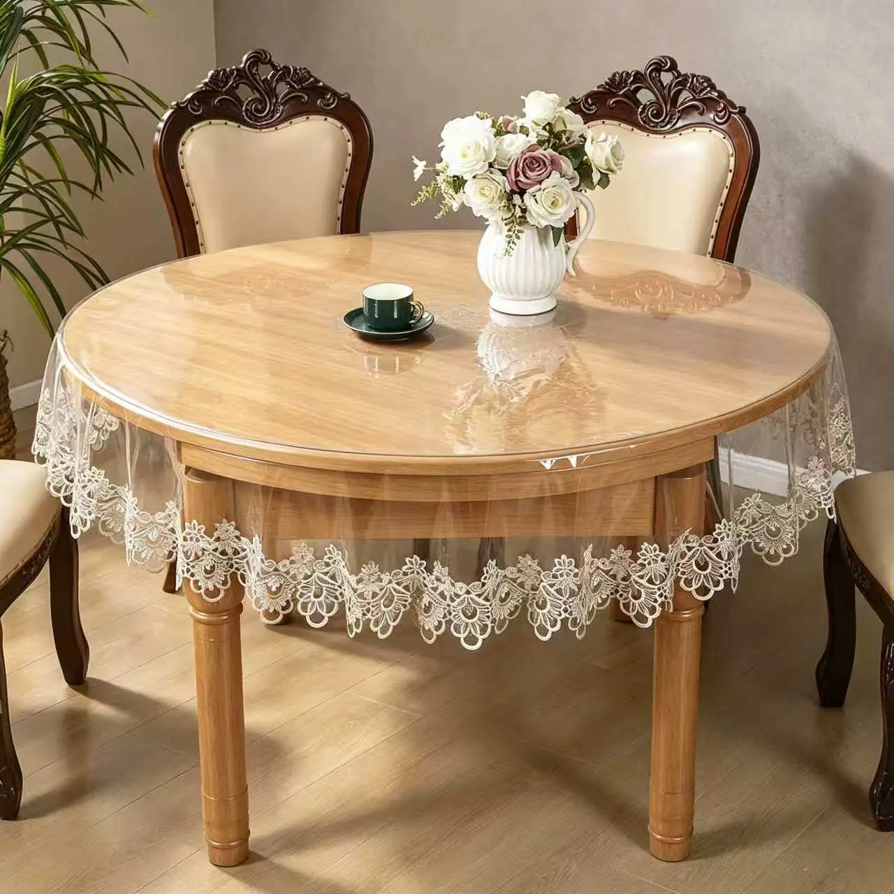 Transparent PVC Round Tablecloth, Elegant Lace Trim, Waterproof Oil-Resistant Wipeable, Home Kitchen Dining Table Protector, American Style Decor